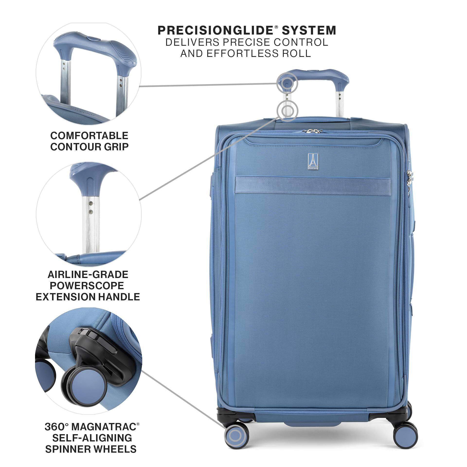 PRECISIONGLIDE® SYSTEM DELIVERS PRECISE CONTROL AND EFFORTLESS ROLL  
COMFORTABLE CONTOUR GRIP  
AIRLINE-GRADE POWERSCOPE EXTENSION HANDLE  
360° MAGNATRAC® SELF-ALIGNING SPINNER WHEELS