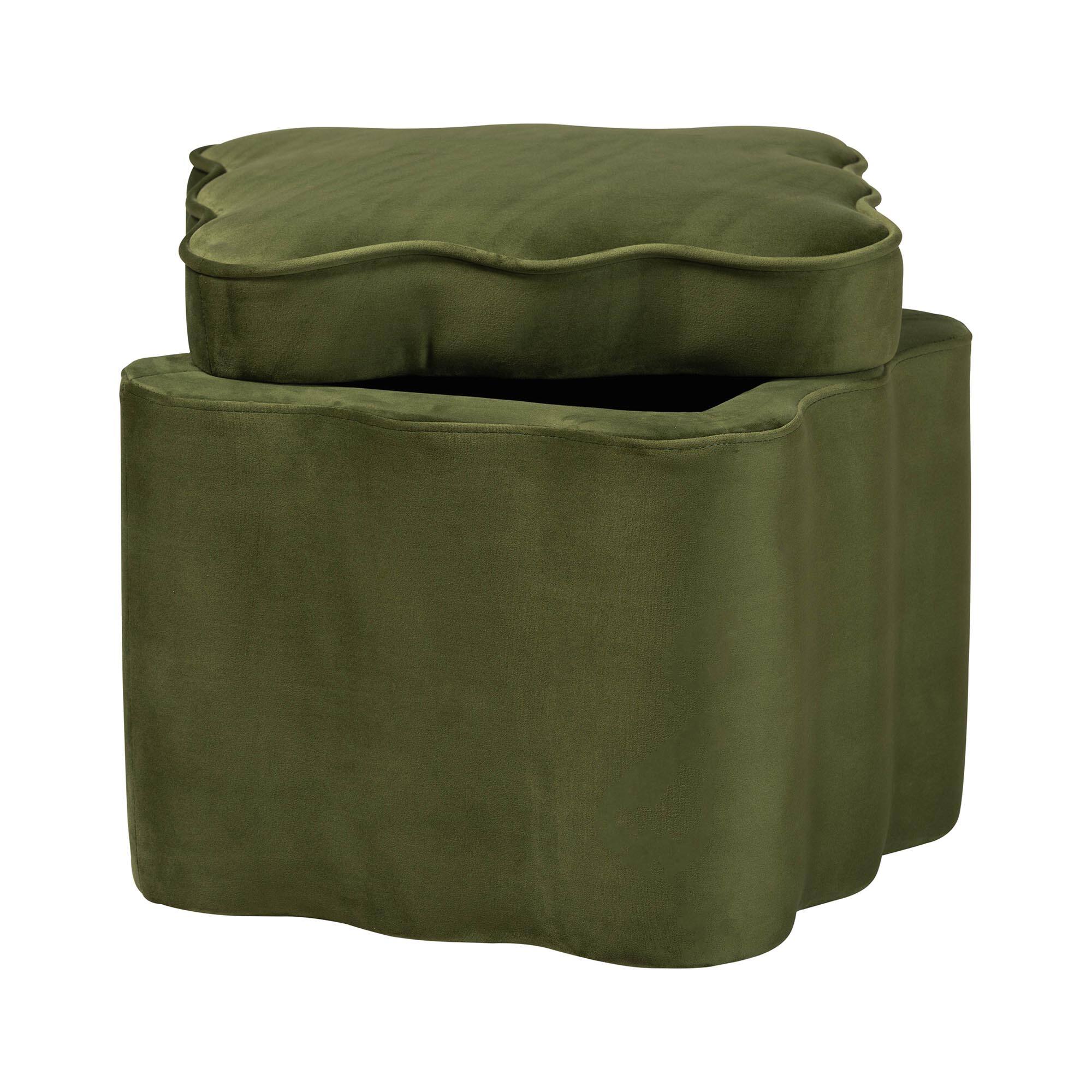 Angle. Baxton Studio - Paulina Velvet Storage Ottoman - Lid Top Accent Stool with Interior Storage and Scalloped Outline - Moss Green/Black.