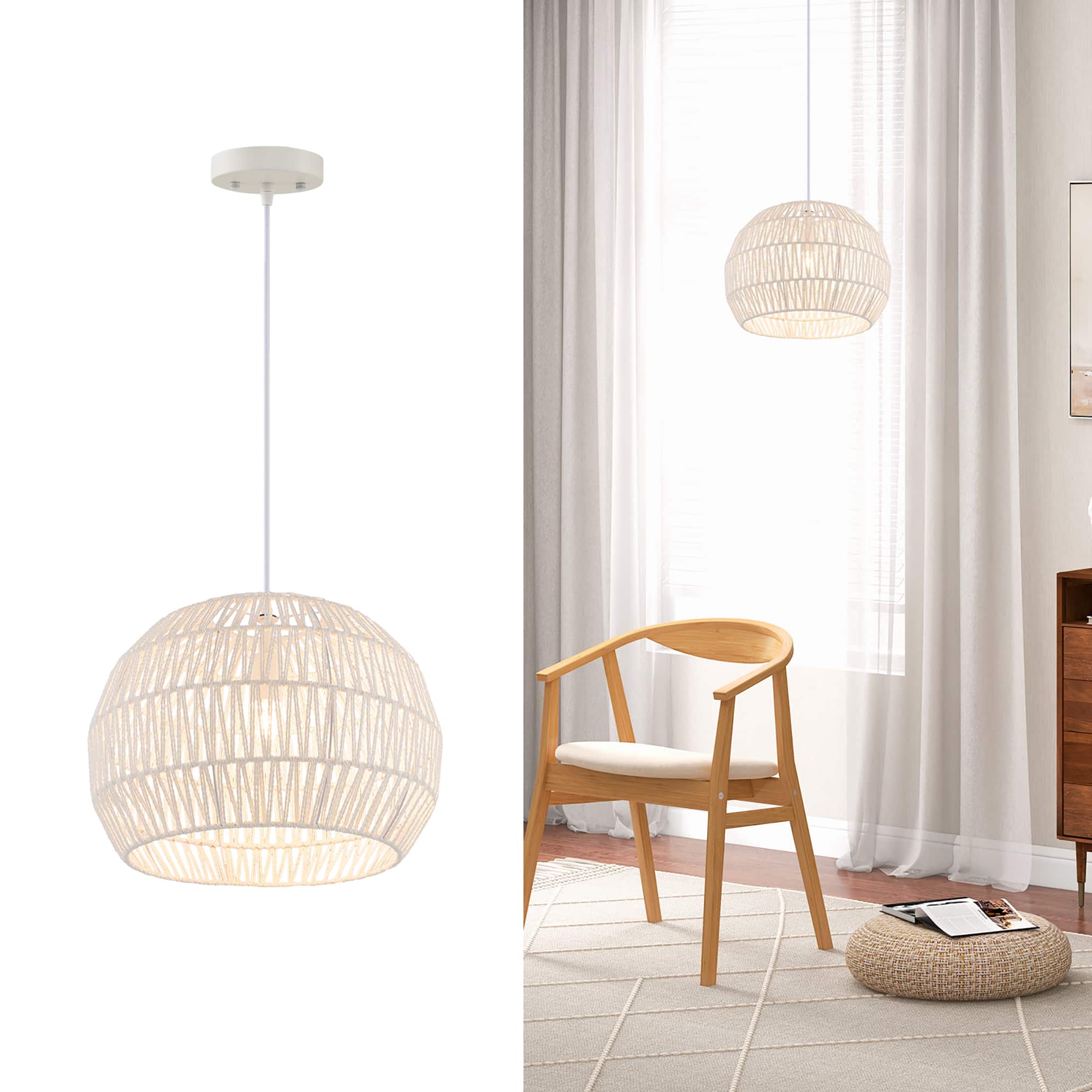Costway - 17.5" Round Paper Pendant Ceiling Light Fixture with Adjustable Hanging Rope - Beige