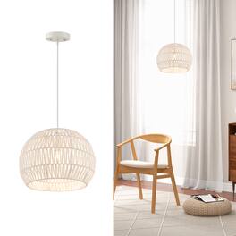 Costway - 17.5" Round Paper Pendant Ceiling Light Fixture with Adjustable Hanging Rope - Beige