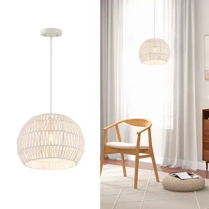 Front. Costway - Costway 17.5" Round Paper Pendant Ceiling Light Fixture with Adjustable Hanging Rope - Beige.