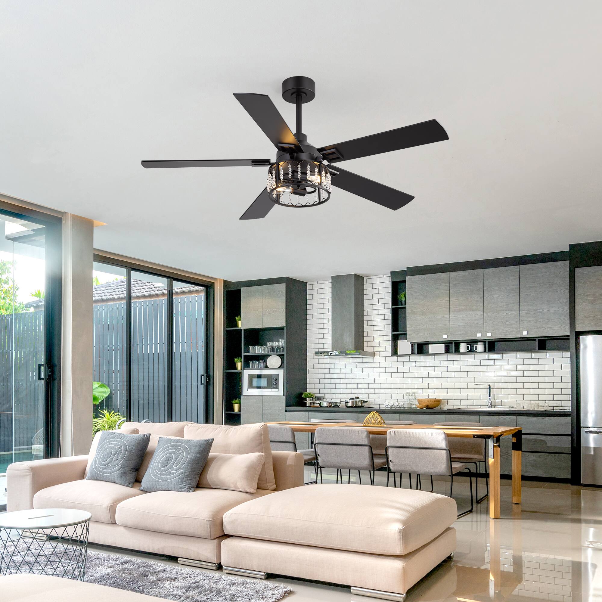 Alt View 2. Breezary - 52-Inch Ceiling Fan with Light, Crystal Cage Shade, Dual-Color Reversible Plywood Blades, DC Motor, 2 Downrods - black and walnut.