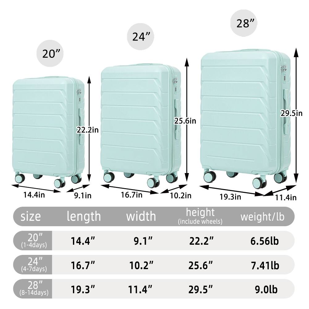 20" (1-4days)  
24" (4-7days)  
28" (8-14days)  

Length:  
20" - 14.4"  
24" - 16.7"  
28" - 19.3"  

Width:  
20" - 9.1"  
24" - 10.2"  
28" - 11.4"  

Height (include wheels):  
20" - 22.2"  
24" - 25.6"  
28" - 29.5"  

Weight/lb:  
20" - 6.56lb  
24" - 7.41lb  
28" - 9.0lb