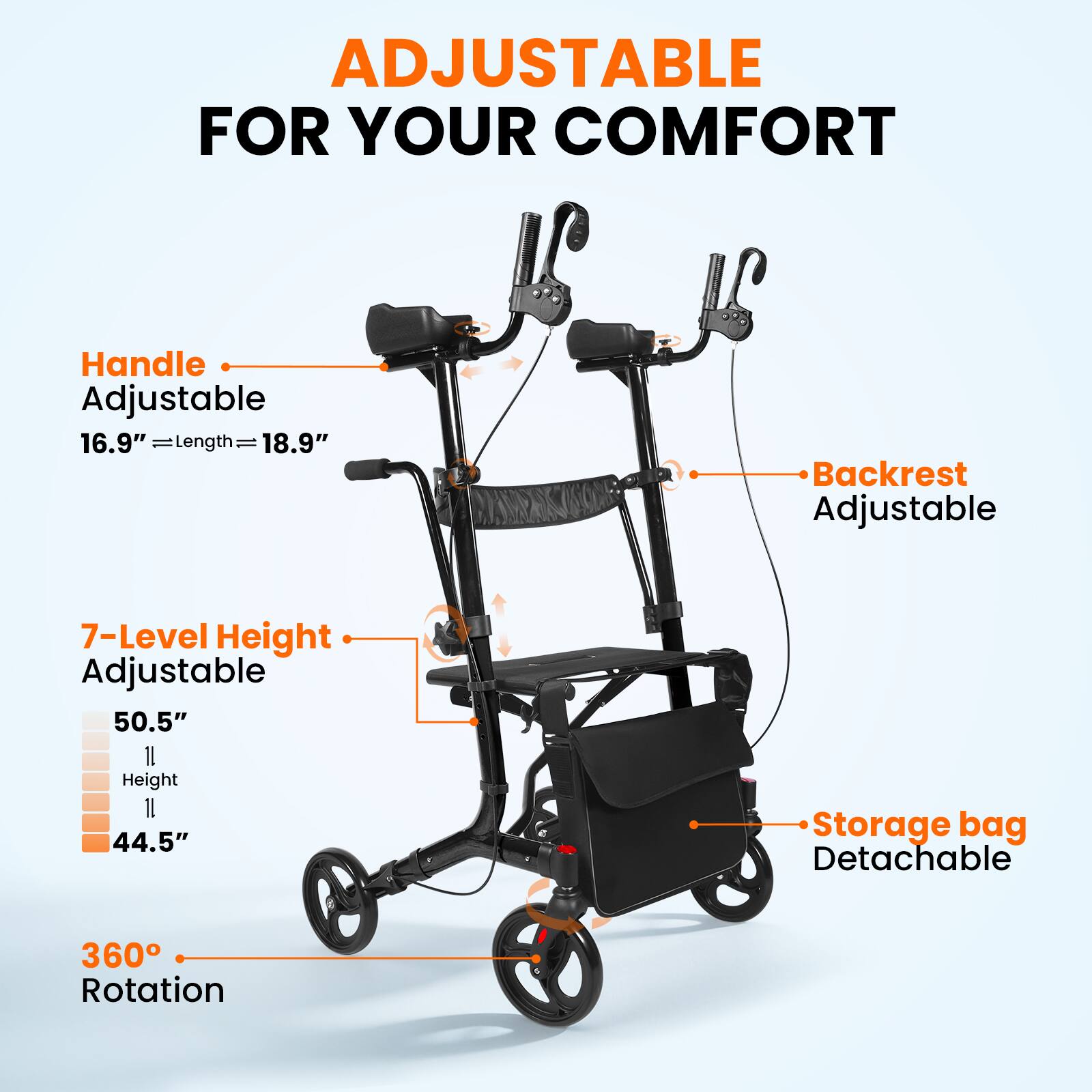 ADJUSTABLE FOR YOUR COMFORT

- Handle Adjustable
  - Length = 16.9" to 18.9"

- Backrest Adjustable

- 7-Level Height Adjustable
  - Height = 50.5" to 44.5"

- Storage bag Detachable

- 360° Rotation