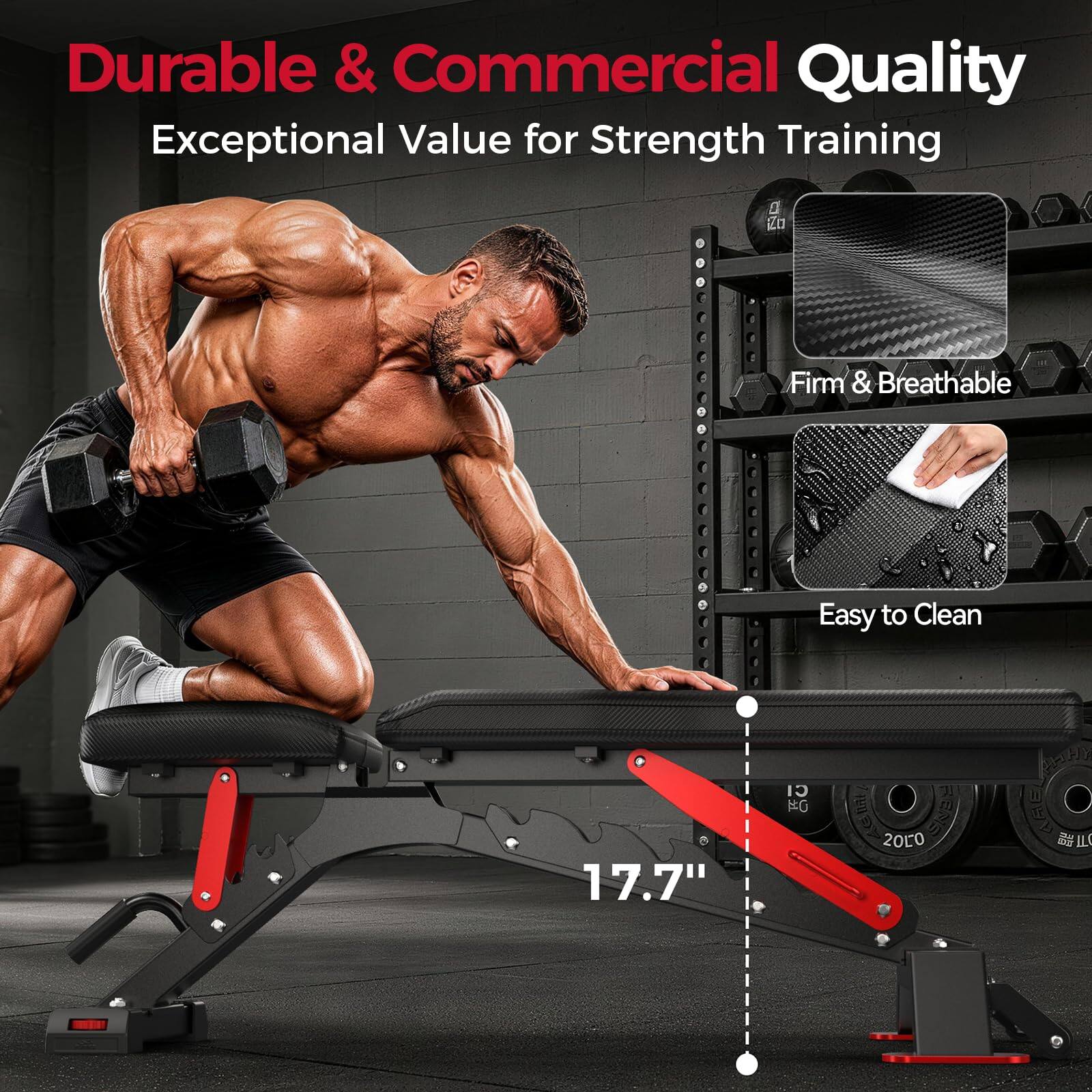 Durable & Commercial Quality  
Exceptional Value for Strength Training  

D 120  
Firm & Breathable  
Easy to Clean  
17.7"  
CI KG  

Searchier 2010