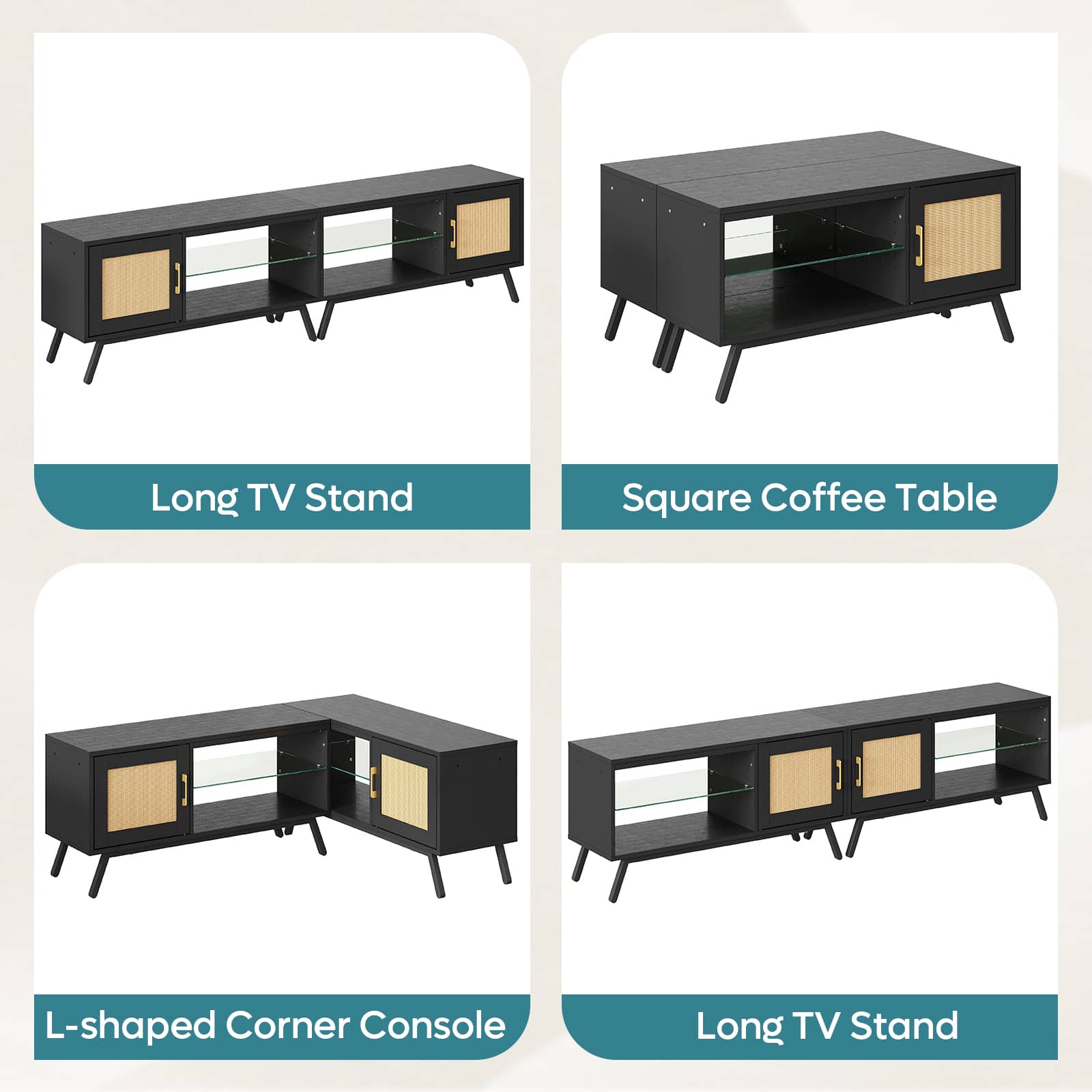 The text on the image is grouped as follows:
1. Long TV Stand
2. Square Coffee Table
3. L-shaped Corner Console
4. Long TV Stand