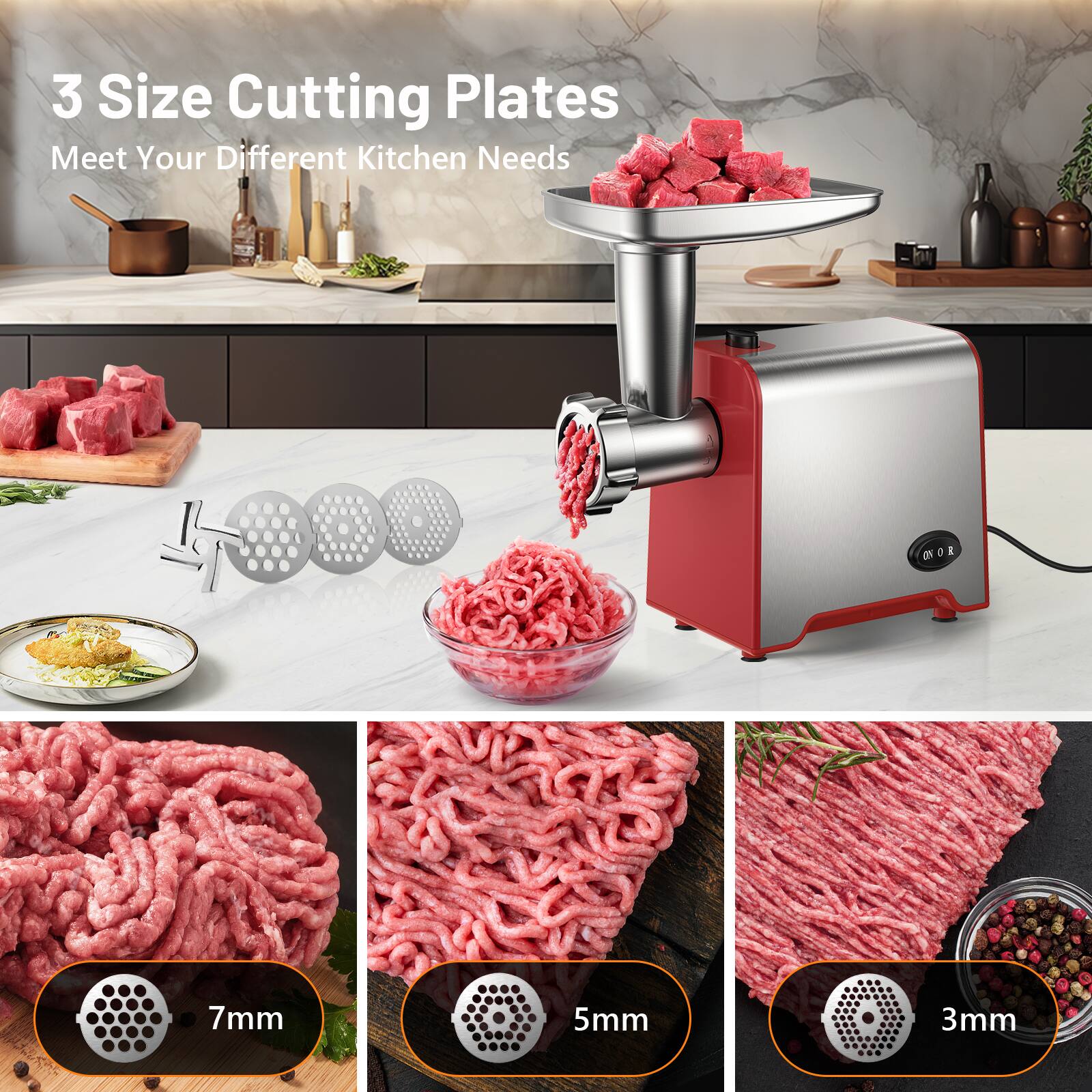 3 Size Cutting Plates  
Meet Your Different Kitchen Needs  

7mm  
5mm  
3mm