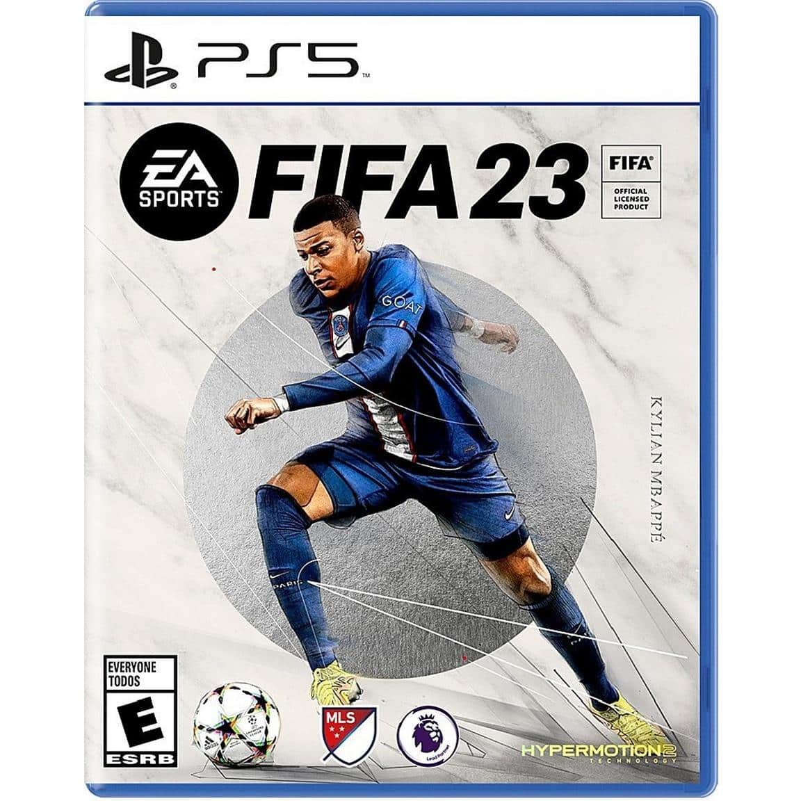PS5  
EA SPORTS  
FIFA 23  
OFFICIAL PRODUCT LICENSED  
GOAT  
KYLIAN MBAPPÉ  
EVERYONE TODOS  
ESRB  
MLS  
HYPERMOTION 2