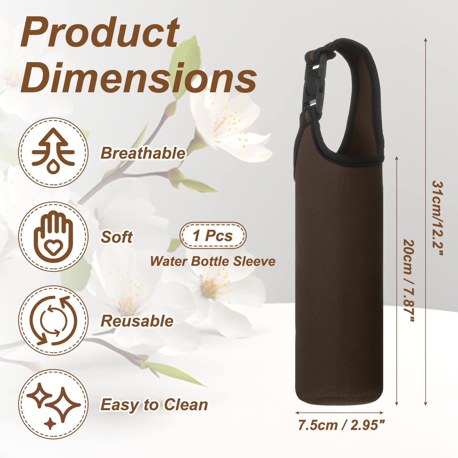 Product Dimensions: Breathable, Soft, 1 Pcs Water Bottle Sleeve, Reusable

- Height: 31cm / 12.2"
- Width: 20cm / 7.87"
- Depth: 7.5cm / 2.95"

Easy to Clean
