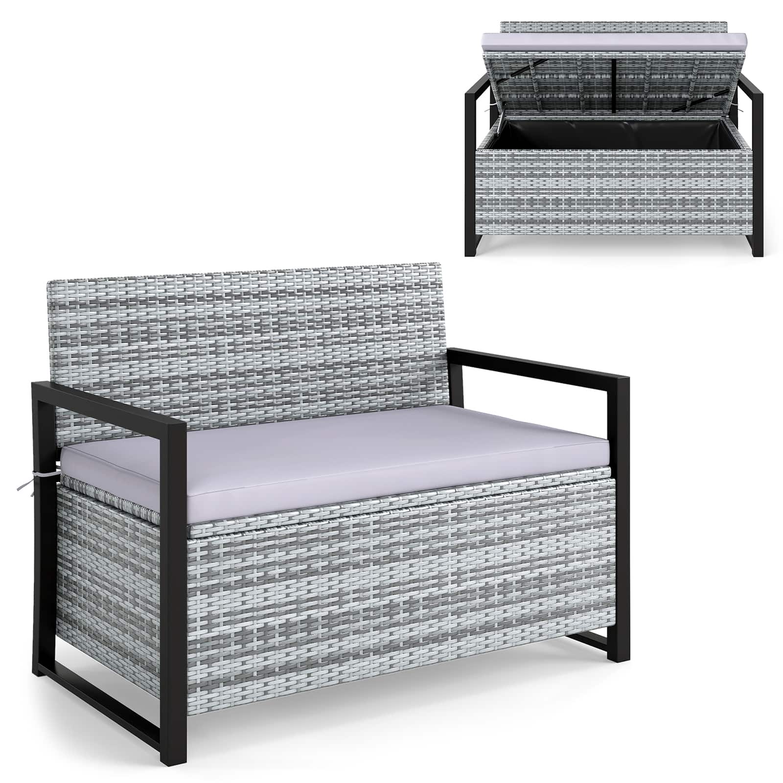Gymax - Patio Storage Bench Wicker Loveseat w/ Built-in Storage & Long Seat Cushion Outdoor Grey - Gray