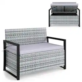 Gymax - Patio Storage Bench Wicker Loveseat w/ Built-in Storage & Long Seat Cushion Outdoor Grey - Gray