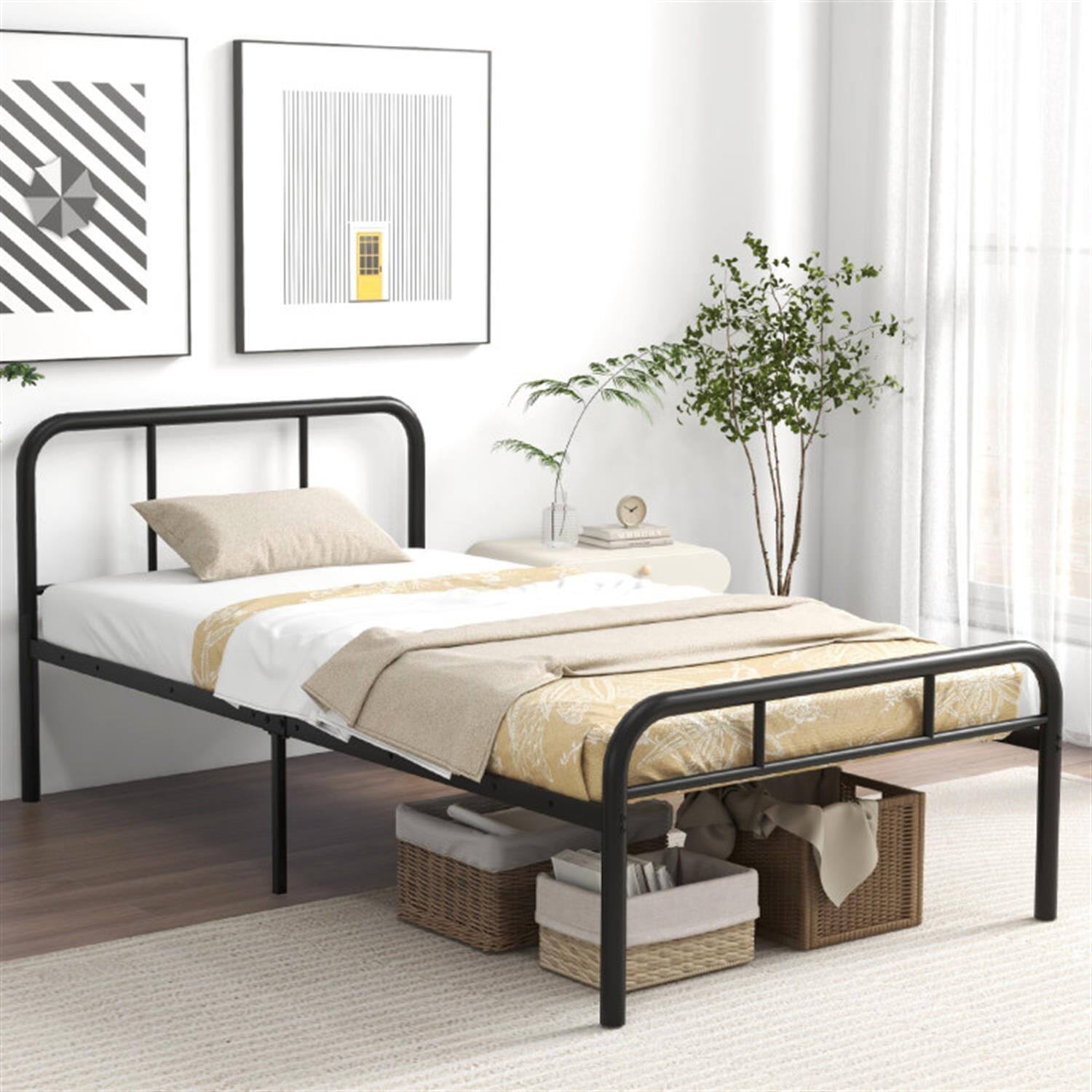 Alt View 2. Pefilos - Modern Metal Bed Frame with Curved Headboard and Footboard, Metal Platform Bed Frame, Under Bed Storage, Metal Slats - Black.