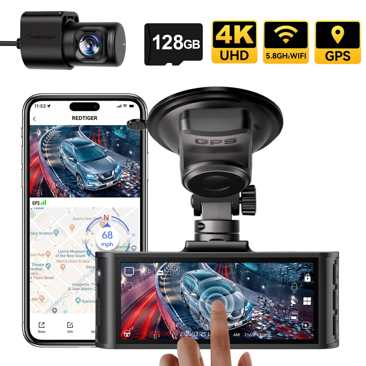 REDTIGER - 4K 3.18" Touch Screen Night Vision Dash Cam , STARVIS 2 , Voice Control , 128GB , 5.8GHz WiFi , GPS - Black
