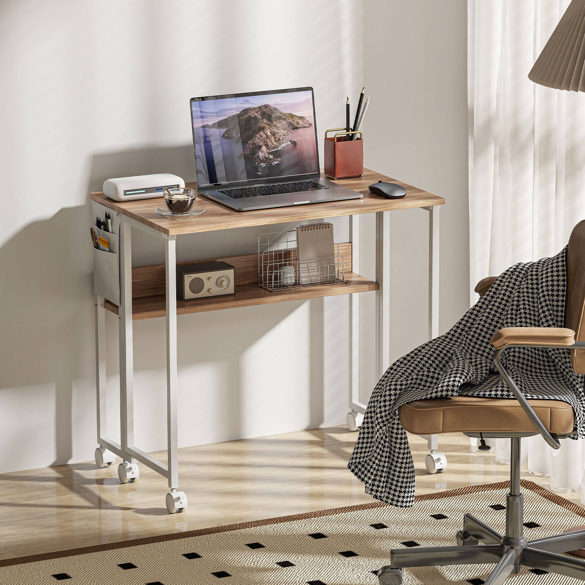 Alt View 8. Homcom - Small Folding Desk, Rolling Computer Desk Foldable with Storage Bag and Shelf, 31.5" Portable Writing Table - Natural Wood.