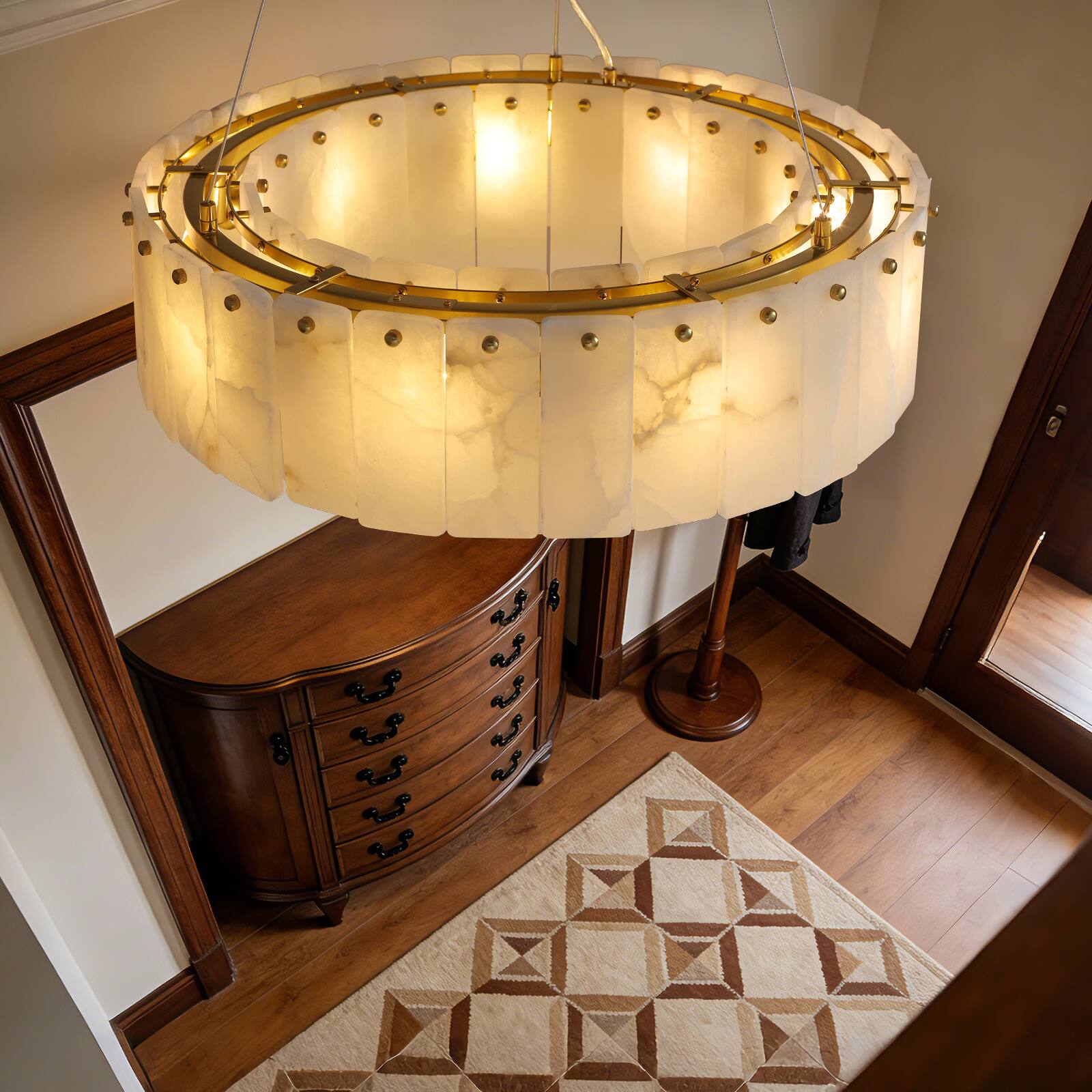 Alt View 7. Siljoy - 24-inch Modern 9-Light Brass Gold Round Alabaster Chandelier Height Adjustable Pendant for Dining Kitchen Entryway - Alabaster White.