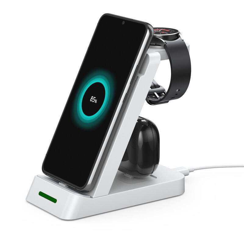 Angle. RISOKEYS - 3-in-1 Charging Dock - Vertical Desktop Charger for Phones, Watchesand Earphones,  Power Adapter for Samsung - White.