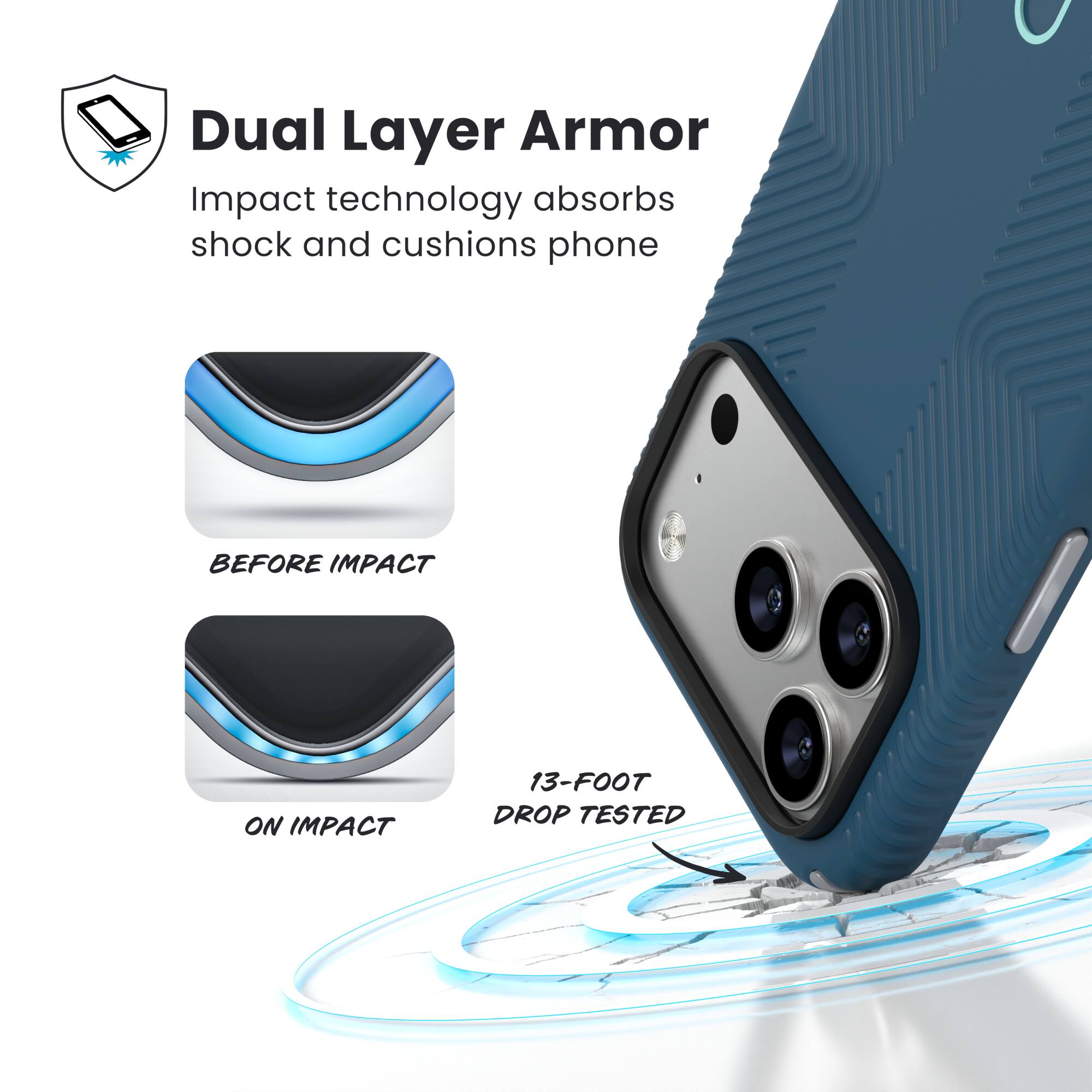 Dual Layer Armor  
Impact technology absorbs shock and cushions phone  

BEFORE IMPACT  
ON IMPACT  

13-FOOT DROP TESTED