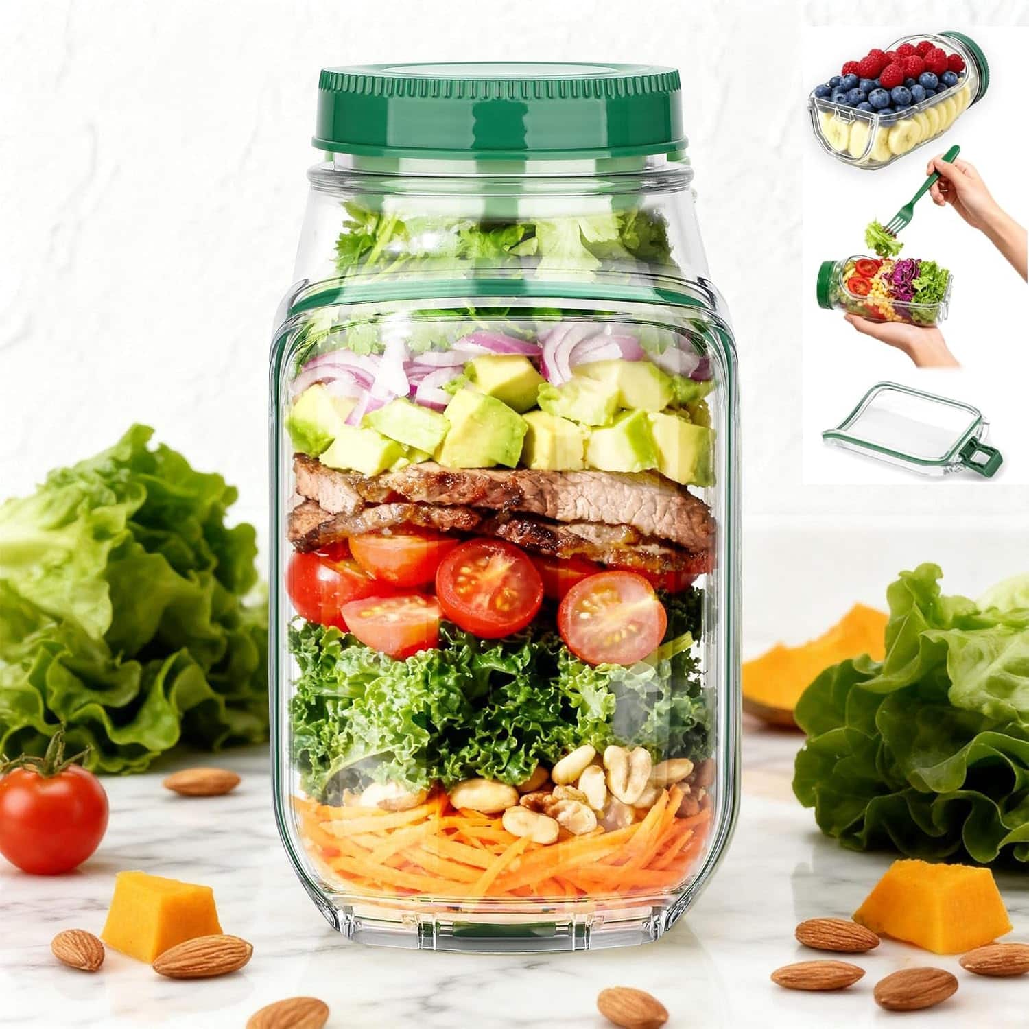 Giantpower - Salad Jar - Salad Pod Mason Jar Side Open with Leakproof Dressing Compartment, Leak-Proof Portable Meal Prep Container