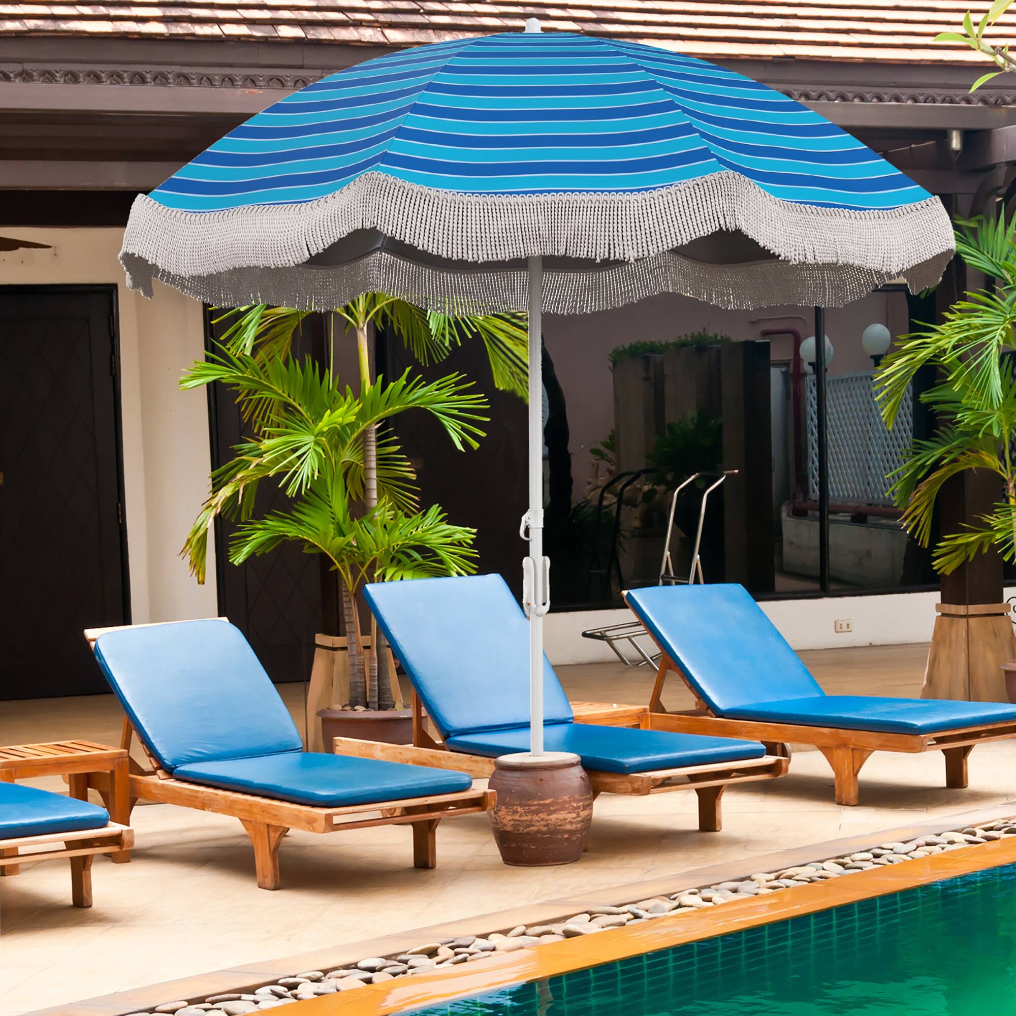 Alt View 3. Gymax - Gymax 6.5 FT Beach Umbrella w/ Fringe Tassel Umbrella w/ Push Button Tilt Sand Anchor Navy Blue - Navy Blue.