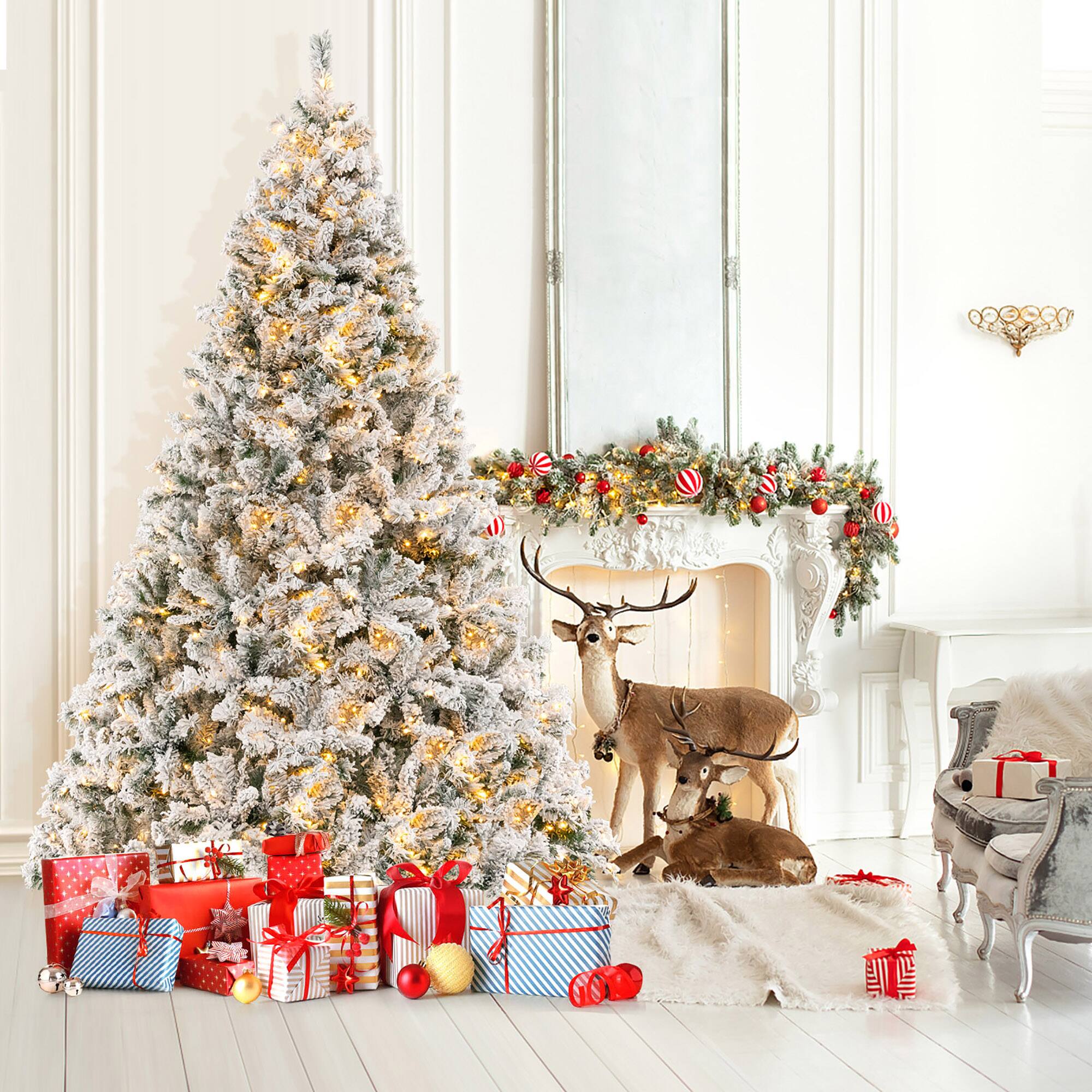 Alt View 3. Gymax - Gymax 8 FT Pre-Lit Snow-Flocked Xmas Tree 3-Minute-Setup Artificial Hinged Christmas Tree - Green, White.