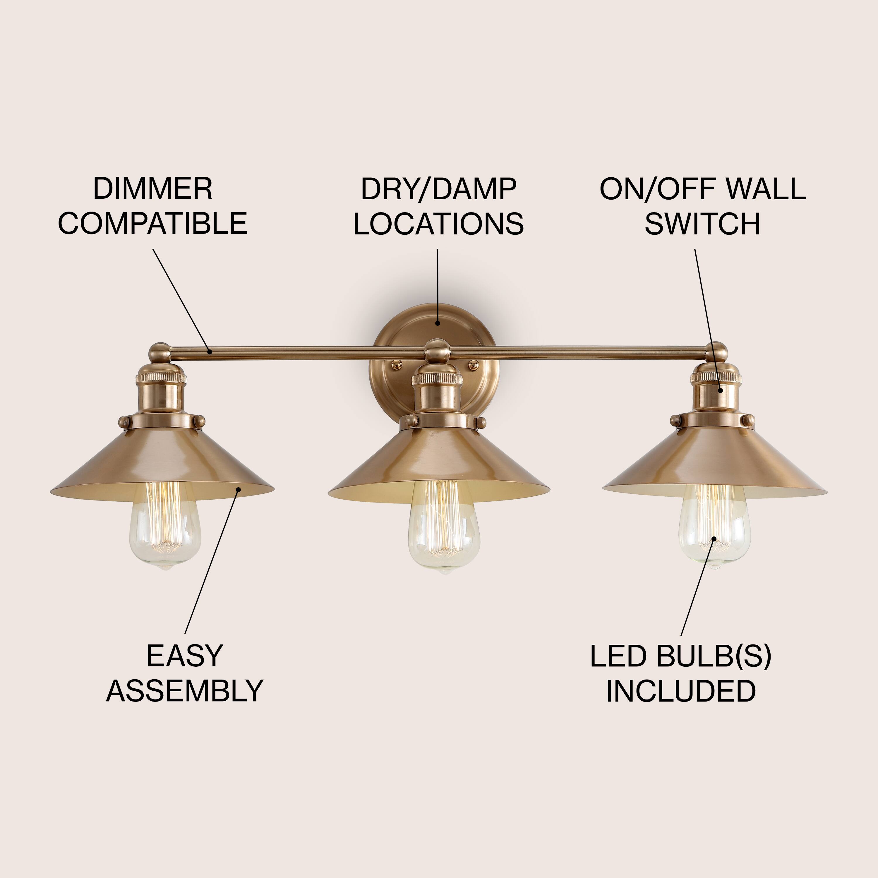 DIMMER COMPATIBLE  
DRY/DAMP LOCATIONS  
ON/OFF WALL SWITCH  
EASY ASSEMBLY  
LED BULB(S) INCLUDED