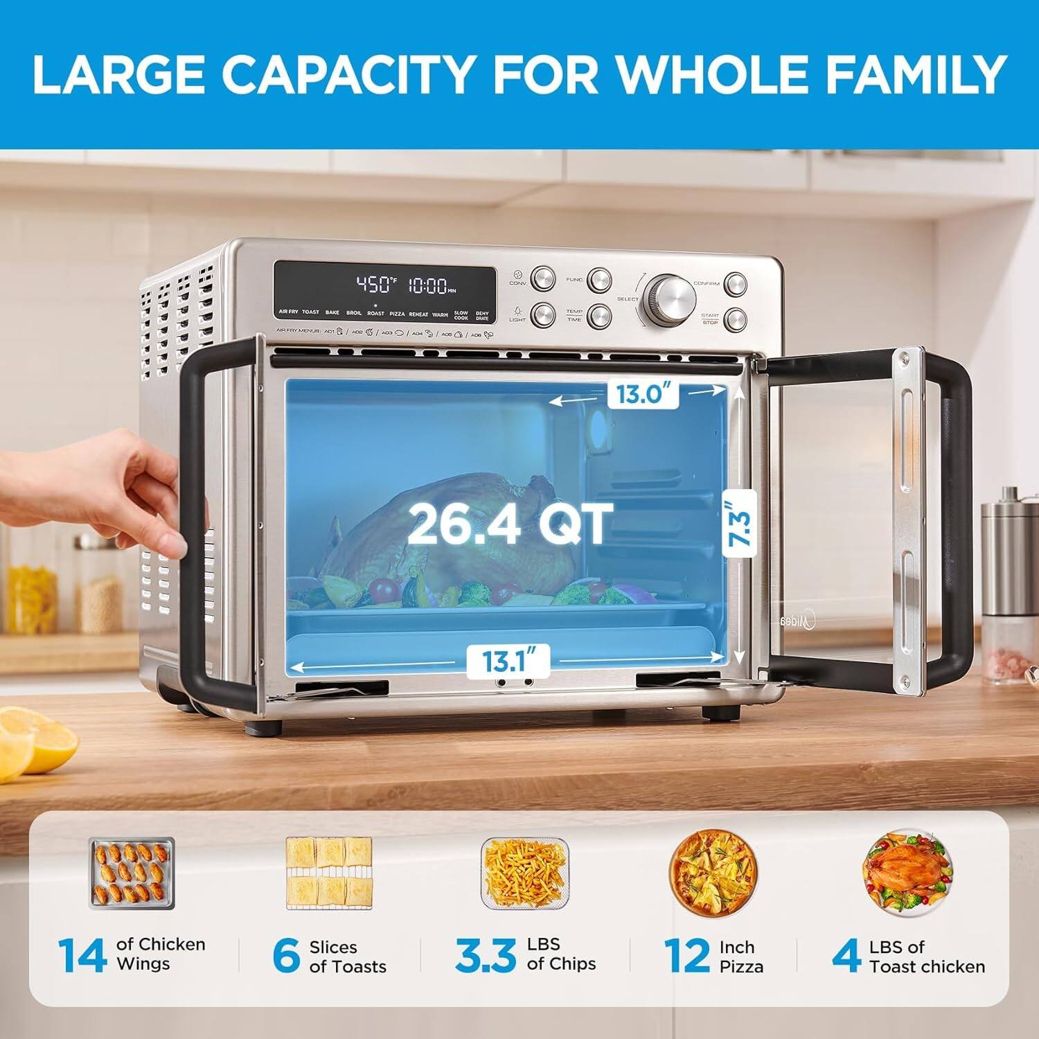 LARGE CAPACITY FOR WHOLE FAMILY
450°F 10:00
13.0
26.4 QT
7.3 M
13.1
14 Wings
6 Slices of Toasts
3.3 LBS of Chips
12 Inch Pizza
4 LBS of Toast chicken