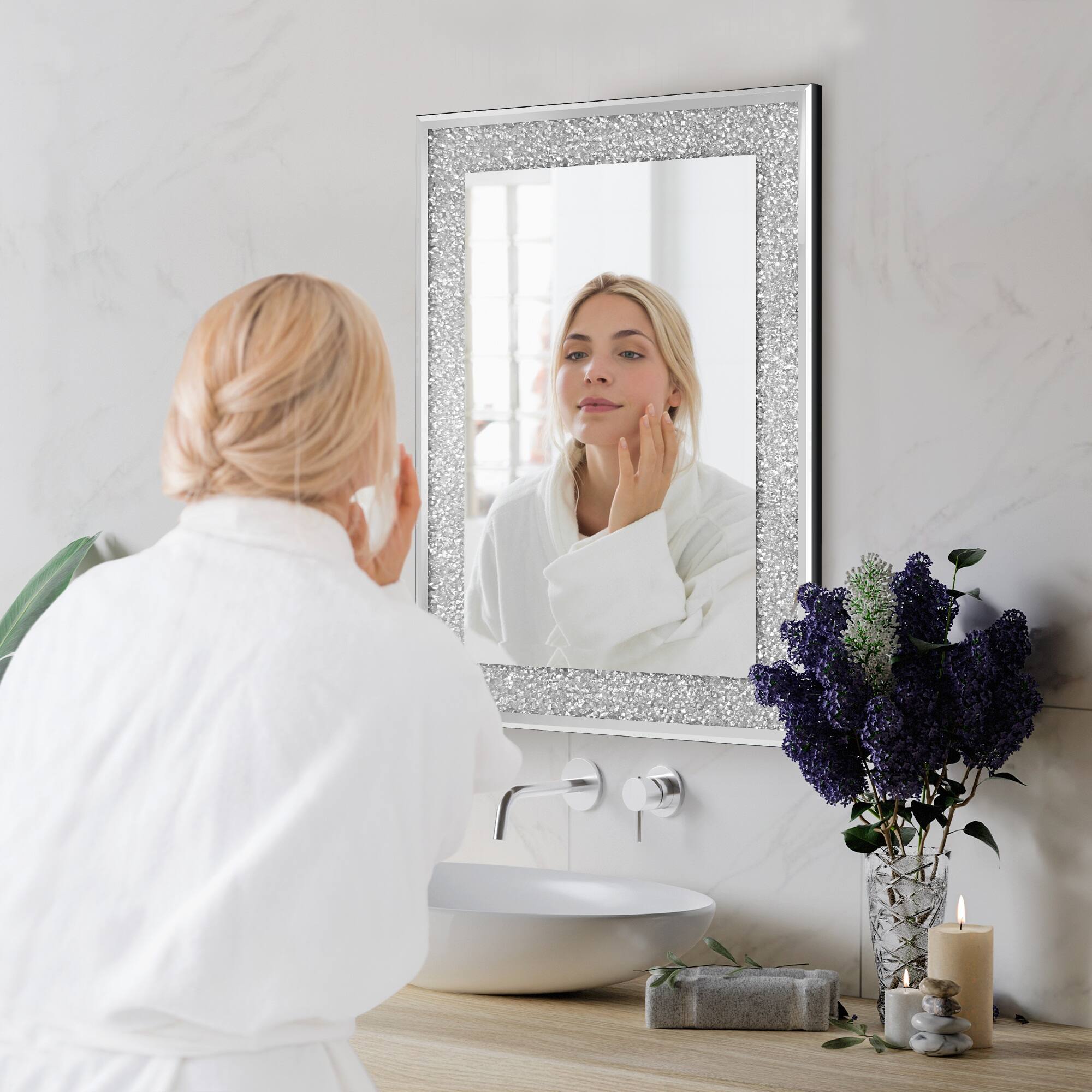 Left. Breezary - 36 x 24 Modern Decorative Wall Mirror Crushed Diamond Frame Rectangle Vanity Mirror for Bathroom Bedroom Living Room - Black.
