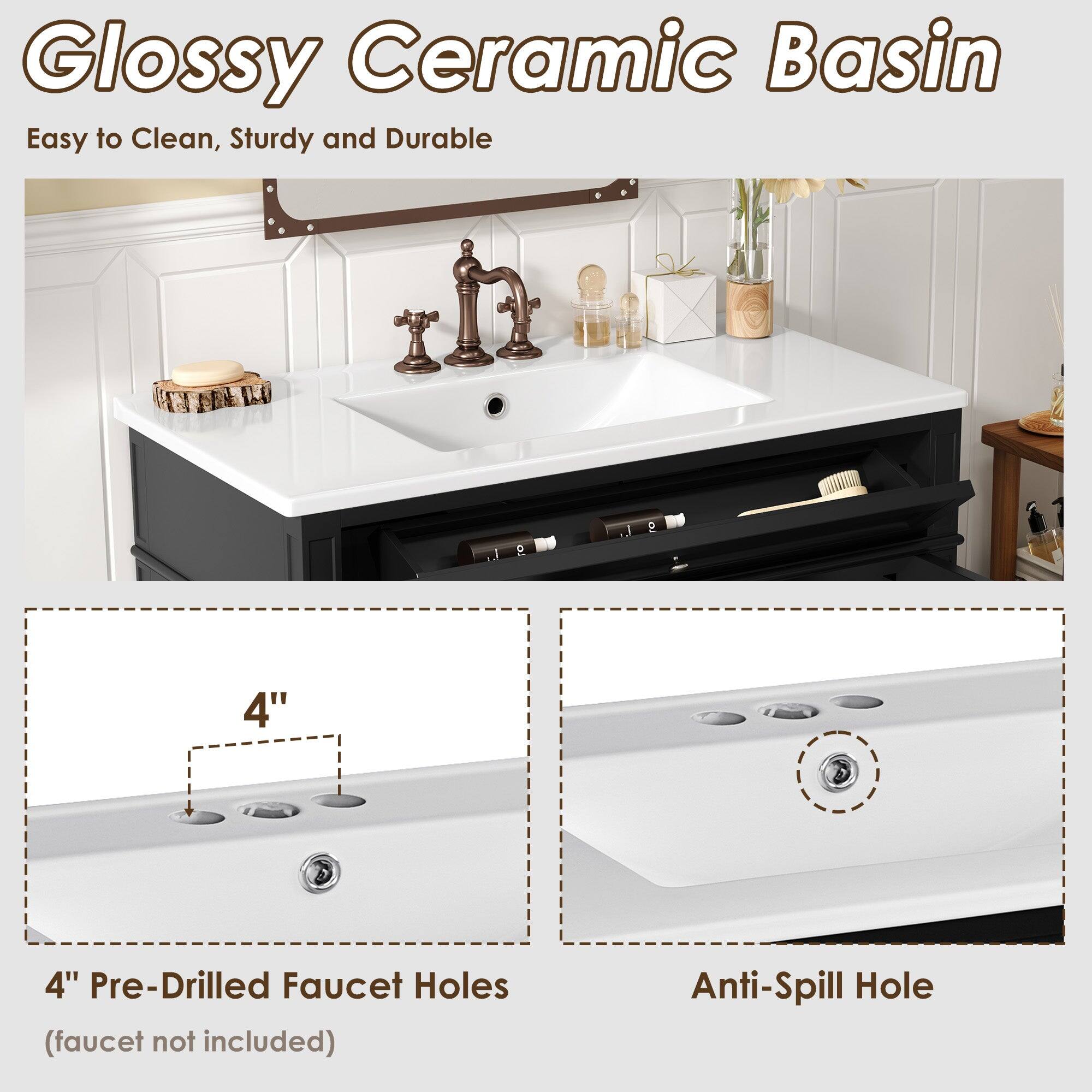 Glossy Ceramic Basin  
Easy to Clean, Sturdy and Durable  

4" Pre-Drilled Faucet Holes (faucet not included)  
Anti-Spill Hole