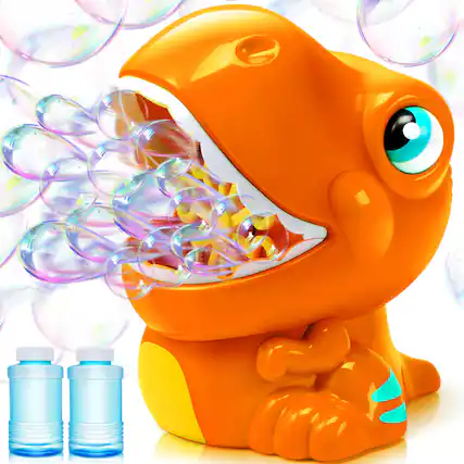 Front. Joyfy - Dinosaur Bubble Machine, Bubble Maker with 2 Bottles Bubble Solutions for Kids Toddlers Summer Outdoor Toys Orange.