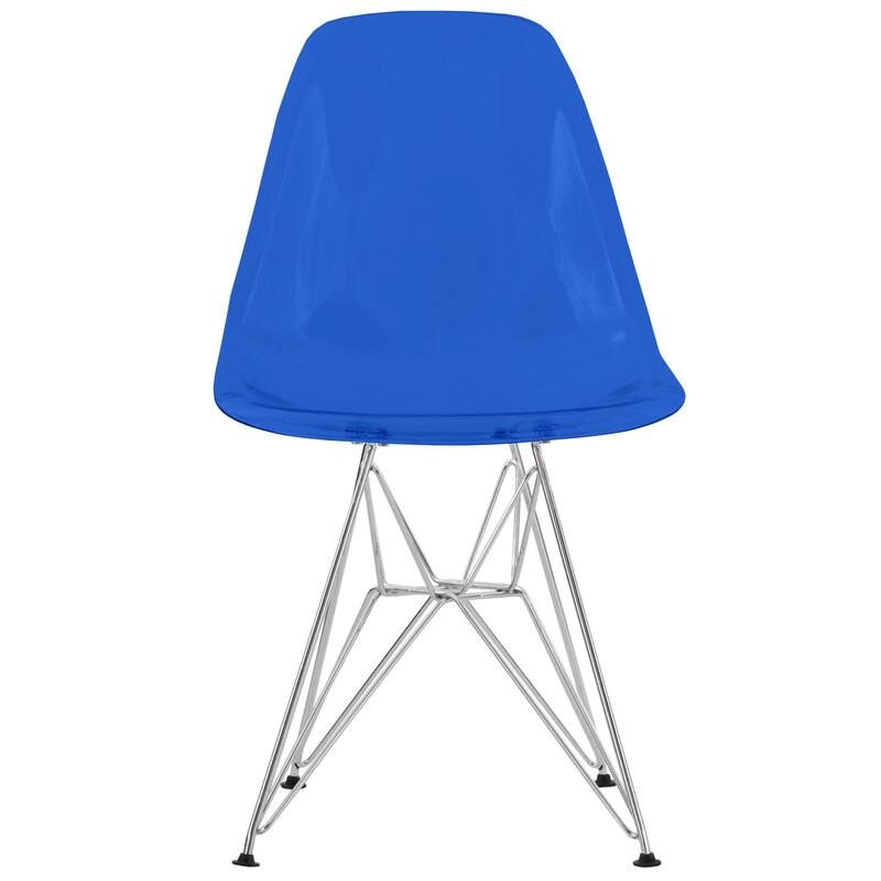 Angle. LeisureMod - Cresco Modern Acrylic Dining Chair, Ergonomic Curved Seat with Chrome Eiffel Base - Transparent Blue.