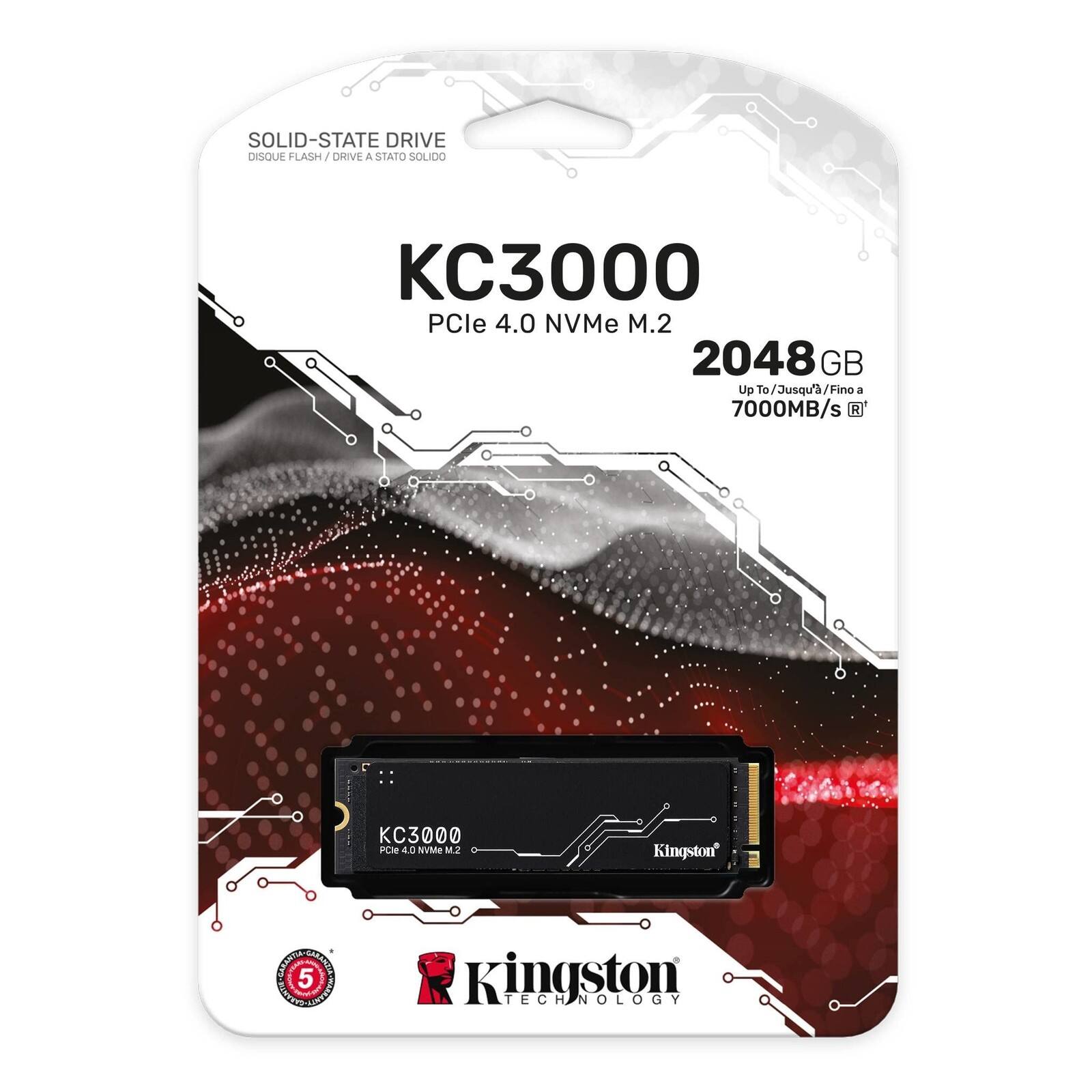 SOLID-STATE DRIVE  
DISQUE FLASH / DRIVE A STATO SOLIDO  
KC3000  
PCle 4.0 NVMe M.2  
2048 GB  
Up To/Jusqu'/Fino a 7000MB/s  
R  
KC3000  
PC 4.0 Nvide M.2  
Kingston  
CERTTA 5  
DEAIATA  
Kingston TECHNOLOGY
