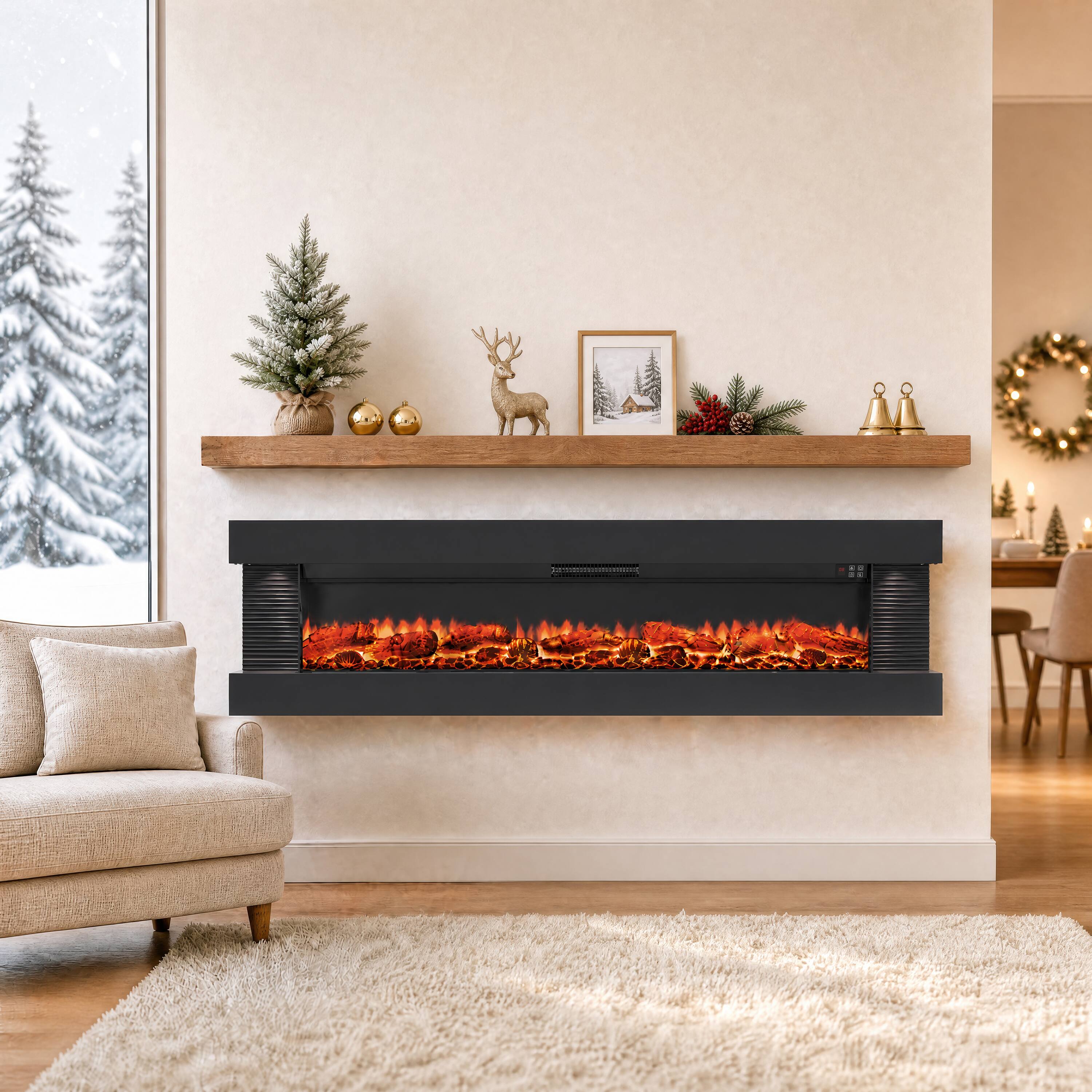 Left. Mondawe - 72" Stylish 3-Sided Electric Fireplace with Suspended LED Light Mantel and Remote Control - Black.
