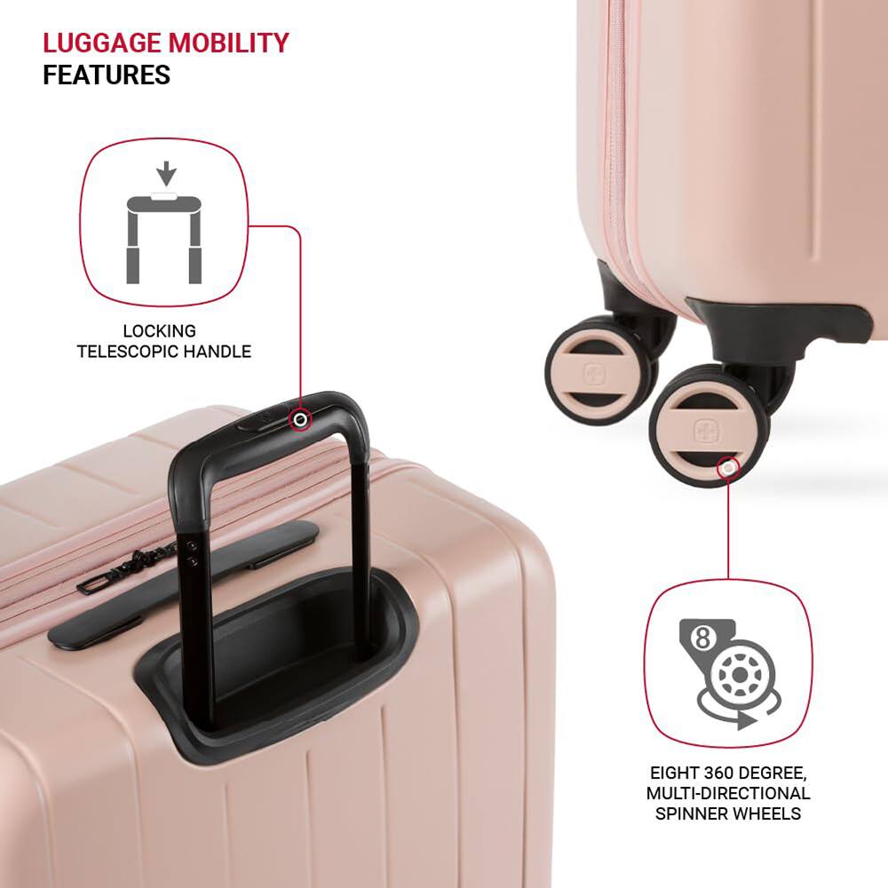 LUGGAGE MOBILITY FEATURES

LOCKING TELESCOPIC HANDLE

EIGHT 360 DEGREE, MULTI-DIRECTIONAL SPINNER WHEELS