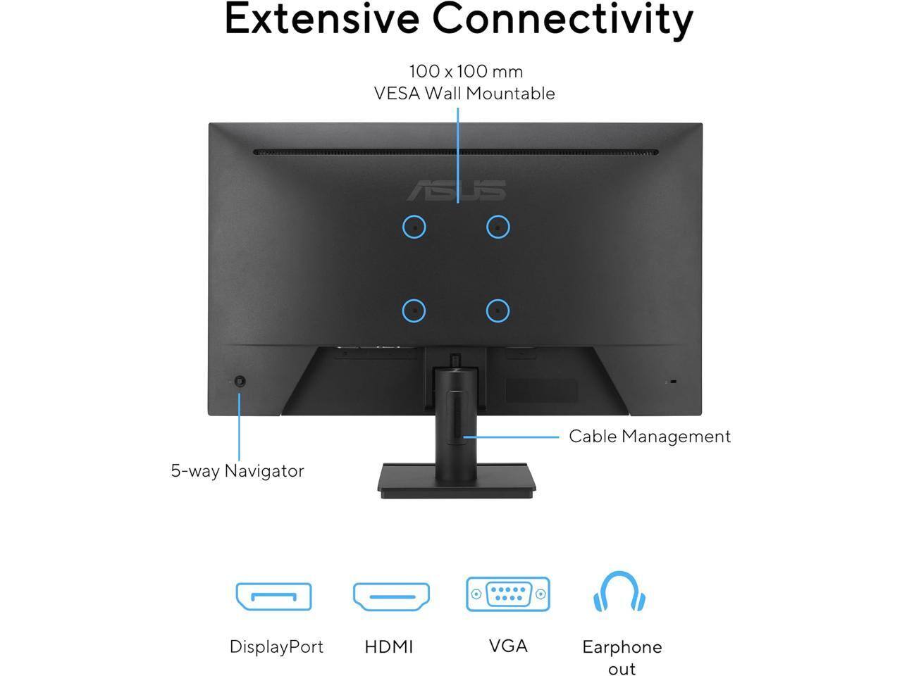 Extensive Connectivity

100 x 100 mm VESA Wall Mountable

5-way Navigator

Cable Management

DisplayPort

HDMI

VGA

Earphone out