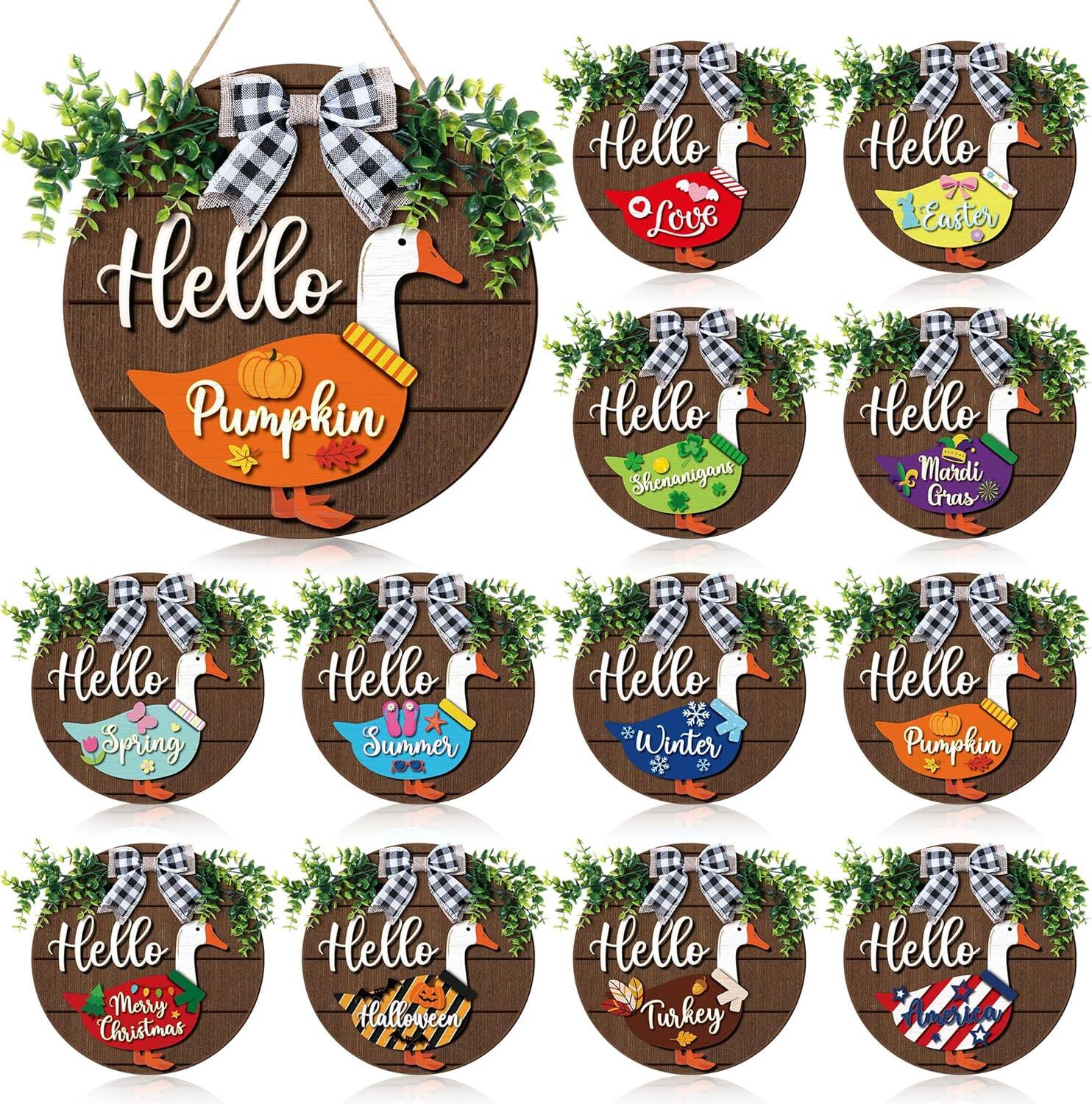 LEMITE - Weysat 13 Pcs Interchangeable Wooden Goose Decor, 11.8 Inch Holiday Seasonal Welcome Changeable Hello Geese - Goose Outfits