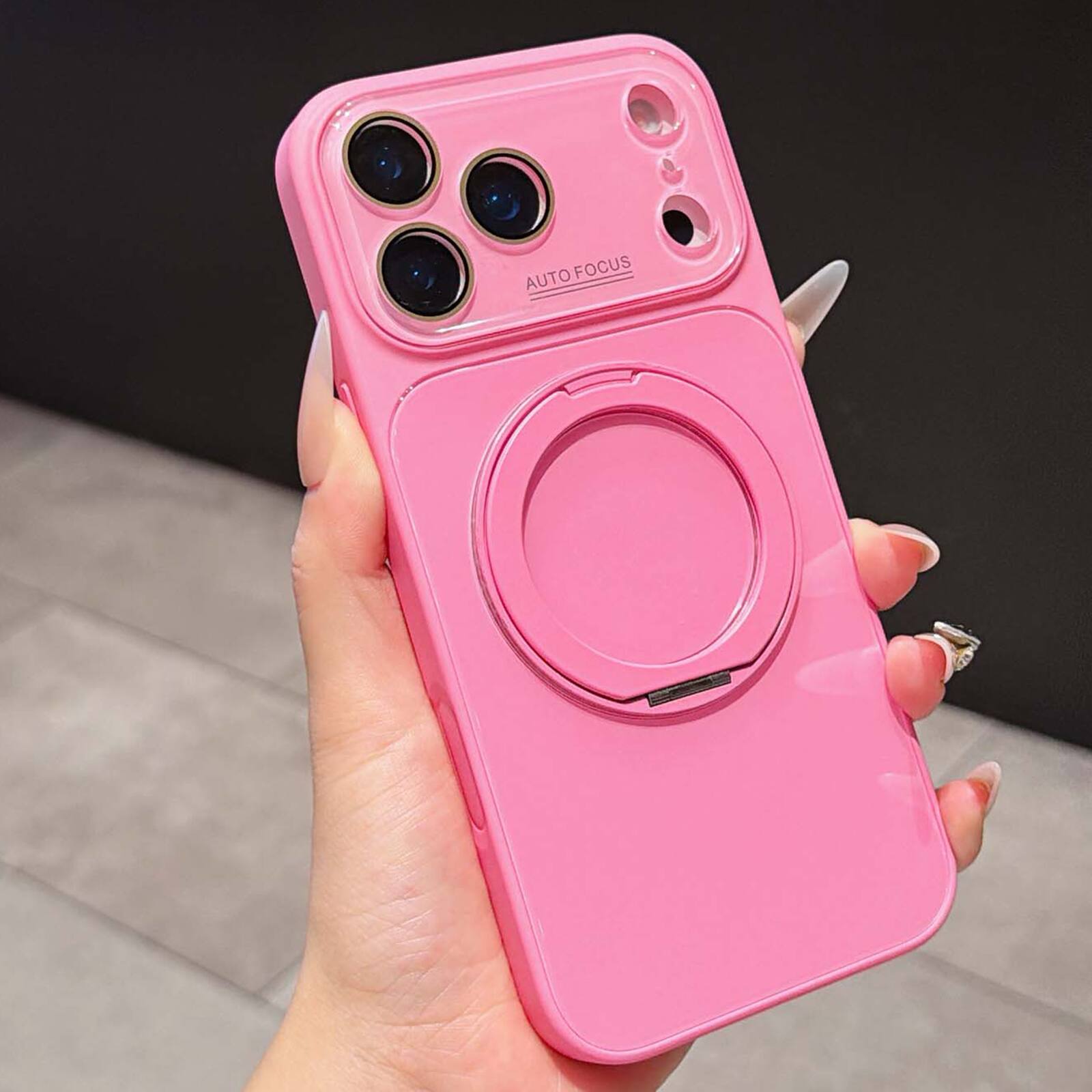 Dteck - for Apple iPhone 17 Pro Max Magnetic Glass Back Case,Ring Kickstand PC TPU Rugged Cover,Bulit in Camera Lens Protector - Rose