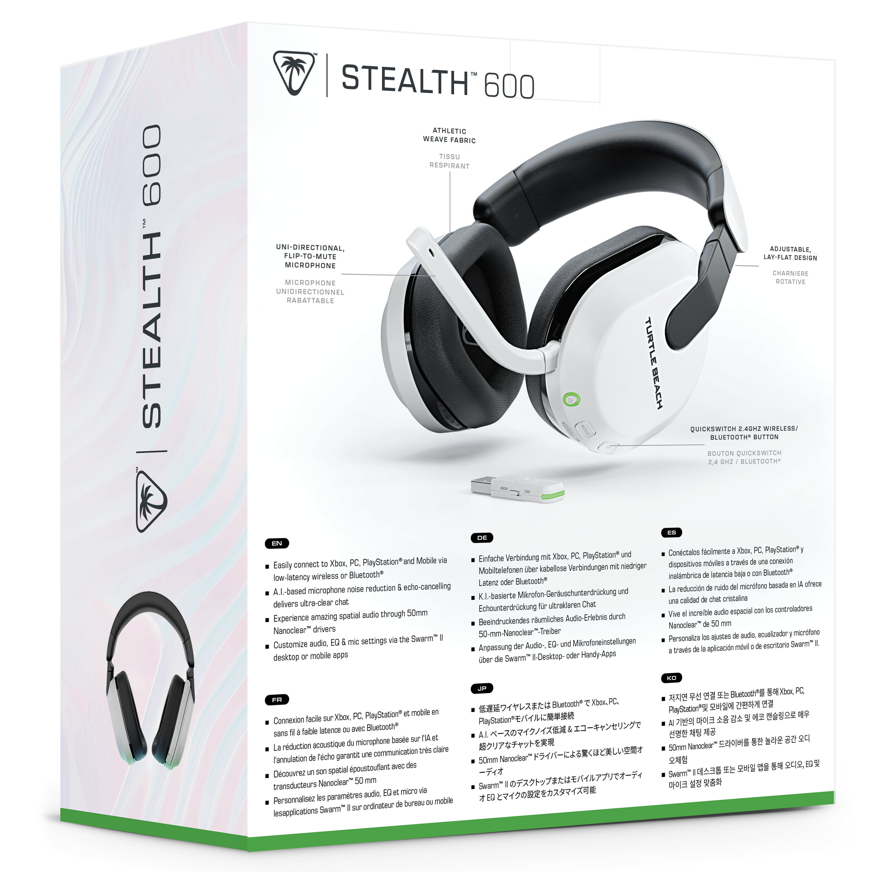 Stealth 600:

* Athletic weave fabric
* Uni-directional, flip-to-mute microphone
* Adjustable, lay-flat design
* Rotatable cups
* Quickswitch technology
* Wireless Bluetooth connectivity
* Bluetooth and wired PC and mobile gaming
* Easily connect to Xbox and mobile devices
* Low-latency wireless Bluetooth technology
* Echo-cancelling microphone for noise reduction
* Spatial audio for an immersive gaming experience
* 50mm drivers for clear audio
* Customizable audio settings through the Stealth 600 app
* Compatible with Xbox One, PC, and mobile devices
* Available in black and white colors
* Includes a USB dongle for wired PC connectivity
* Includes a 3.5mm audio jack for wired mobile device connectivity
* Includes a carrying case for easy transportation
* Includes a microfiber cleaning cloth for easy cleaning and maintenance
* Includes a user manual for setup and troubleshooting assistance
* Includes a warranty for peace of mind and protection
* Includes a battery indicator for easy monitoring of battery life
* Includes a built-in rechargeable battery for extended use
* Includes a built-in microphone for clear voice communication during gaming sessions
* Includes a built-in volume control for easy adjustment of audio levels
* Includes a built-in mute button for quick muting during gaming sessions
* Includes a built-in power button for easy on/off control
* Includes a built-in Bluetooth button for easy Bluetooth connectivity
* Includes a built-in Xbox button for easy Xbox One connectivity
* Includes a built-in mobile button for easy mobile device connectivity
* Includes a built-in PC button for easy PC connectivity
* Includes a built-in game/chat button for easy access to game and chat features
* Includes a built-in media button for easy access to media controls
* Includes a built-in volume down button for easy volume adjustment
* Includes a built-in volume up button for easy volume adjustment
* Includes a built-in play/pause button for easy playback control