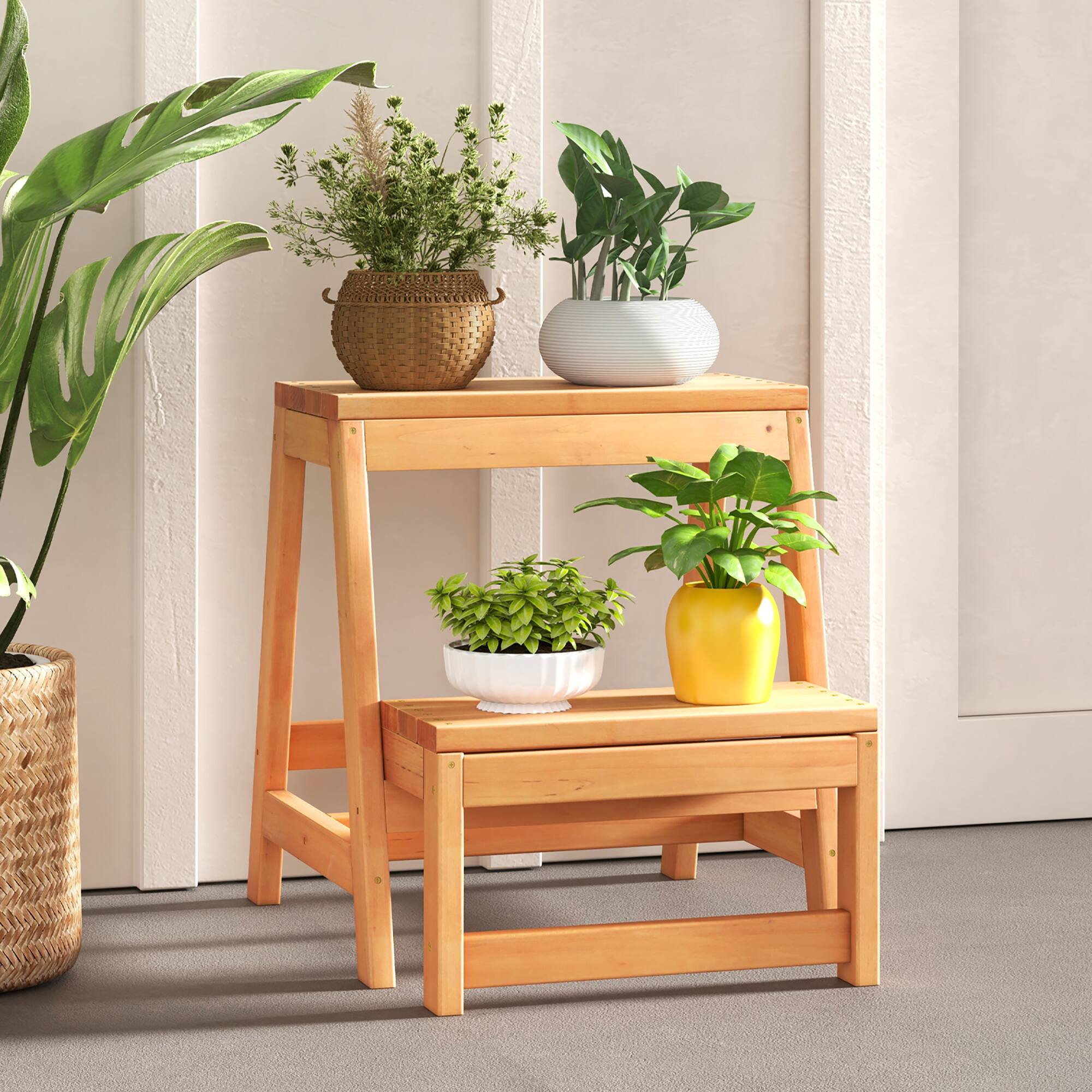 Alt View 3. Gymax - Gymax 2-Tier Folding Plant Stand Portable & Foldable Wooden Flowerpot Shelf for Garden - Natural.