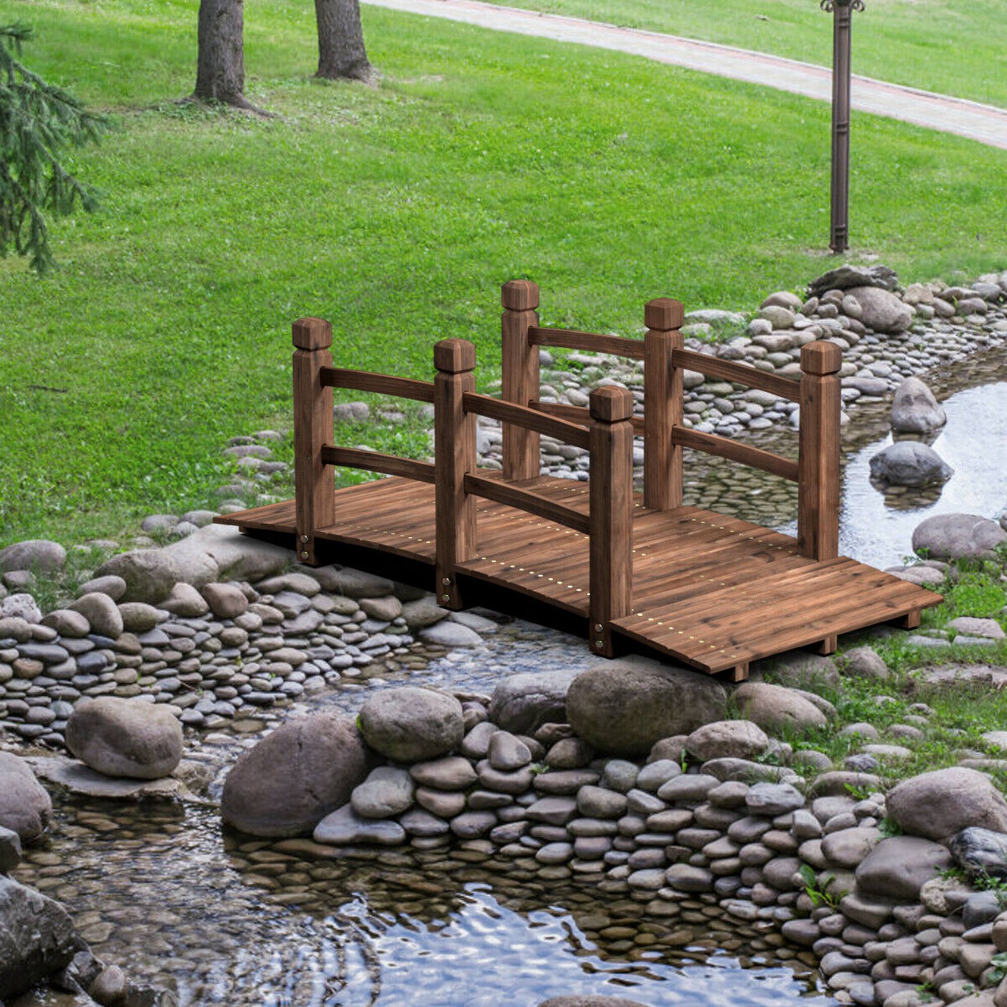 Alt View 2. Gymax - Gymax 5Ft Garden Wooden Bridge Decoration Backyard Pond w/ Safety Rails Brown - Brown.
