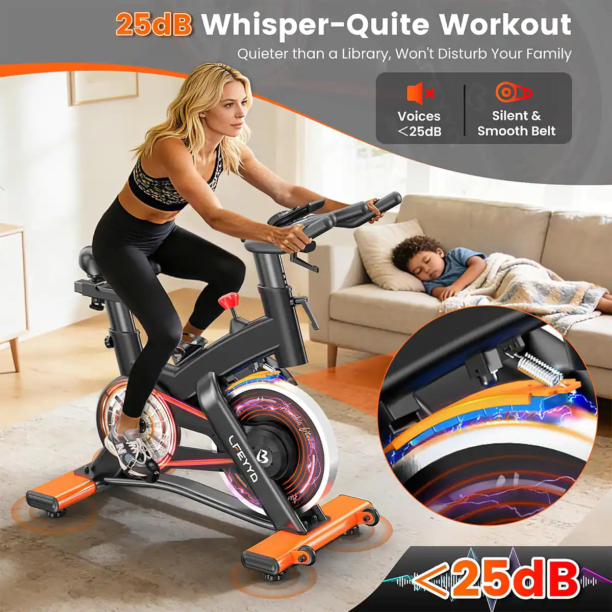25dB Whisper-Quite Workout  
Quieter than a Library, Won't Disturb Your Family

Voices <25dB  
Silent & Smooth Belt

LFEYYD 3  
25dB