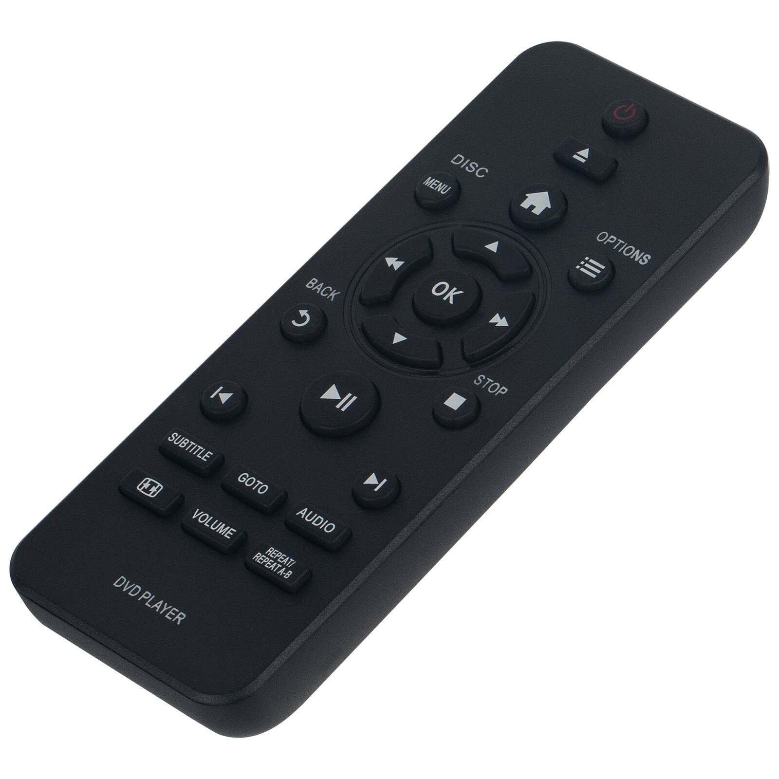 Sure, here is the corrected and grouped text from the image:

- BACK
- DISC
- MENU
- OPTIONS
- OK
- STOP
- SUBTITLE
- GOTO
- VOLUME
- AUDIO
- REPEAT
- REPEAT A-B
- DVD PLAYER