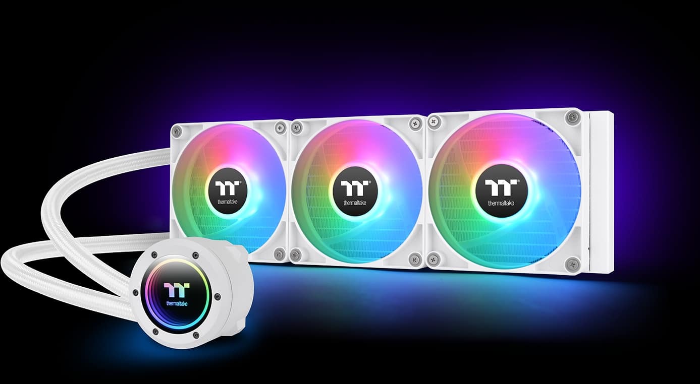 "Thermaltake" is the brand name displayed on the CDs and the white device. The text on the image reads "thermatake 7" thermaltake x 3 T thermaltake."