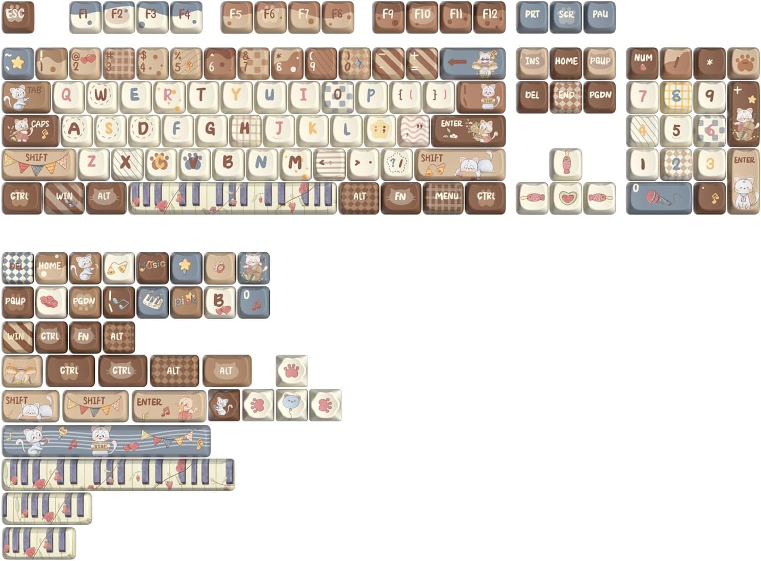 Here is the corrected and grouped text based on the image:

**Top Row:**
- ESC
- F1
- F2
- F3
- F4
- F5
- F6
- F7
- F8
- F9
- F10
- F11
- F12
- PRT
- SCR
- PAU

**Second Row:**
- 1
- 2
- 3
- 4
- 5
- 6
- 7
- 8
- 9
- 0
- (
- )
- %

**Third Row:**
- TAB
- Q
- W
- E
- R
- T
- Y
- U
- I
- O
- P
- {
- }
- |

**Fourth Row:**
- CAPS
- A
- S
- D
- F
- G
- H
- J
- K
- L
- ;
- '

**Fifth Row:**
- SHIFT
- Z
- X
- C
- V
- B
- N
- M
- ,
- .
- /

**Sixth Row:**
- SHIFT
- ENTER

**Seventh Row:**
- CTRL
- WIN
- ALT
- FN
- MENU
- CTRL

**Eighth Row:**
- INS
- HOME
- PGUP
- NUM
- 7
- 8
- 9
- +

**Ninth Row:**
- DEL
- END
- PGDN
- 4
- 5
- 6

**Tenth Row:**
- PGUP
- PGDN
- 1
- 2
- 3
- ENTER

**Eleventh Row:**
- CTRL
- WIN
- FN
- ALT
- CTRL
- ALT
- SHIFT
- SHIFT
- ENTER

**Twelfth Row:**
- CTRL
- ALT
- ALT
- SHIFT
- SHIFT
- ENTER

**Additional Keys:**
- TsiC
- pi
- 0
- WIN
- CTRU
- FN
- ALT
- CTRL
- CTRL
- ALT
- ALT
- SHIFT
- SHIFT
- ENTER
- mEtCA