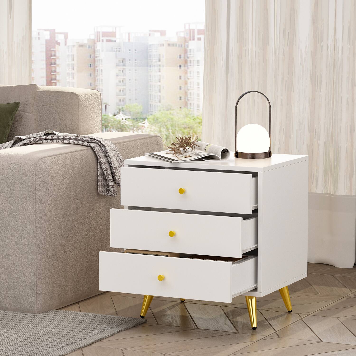Alt View 2. FUFU & GAGA - FUFU&GAGA Modern Nightstand with Gold Accents: 3 - Drawer Bedroom Organizer - White.