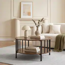 WELLFOR - 2-Tier Round Coffee Table with Storage Shelf ,Modern Center Table Cocktail Tea Table for Living Room - Walnut