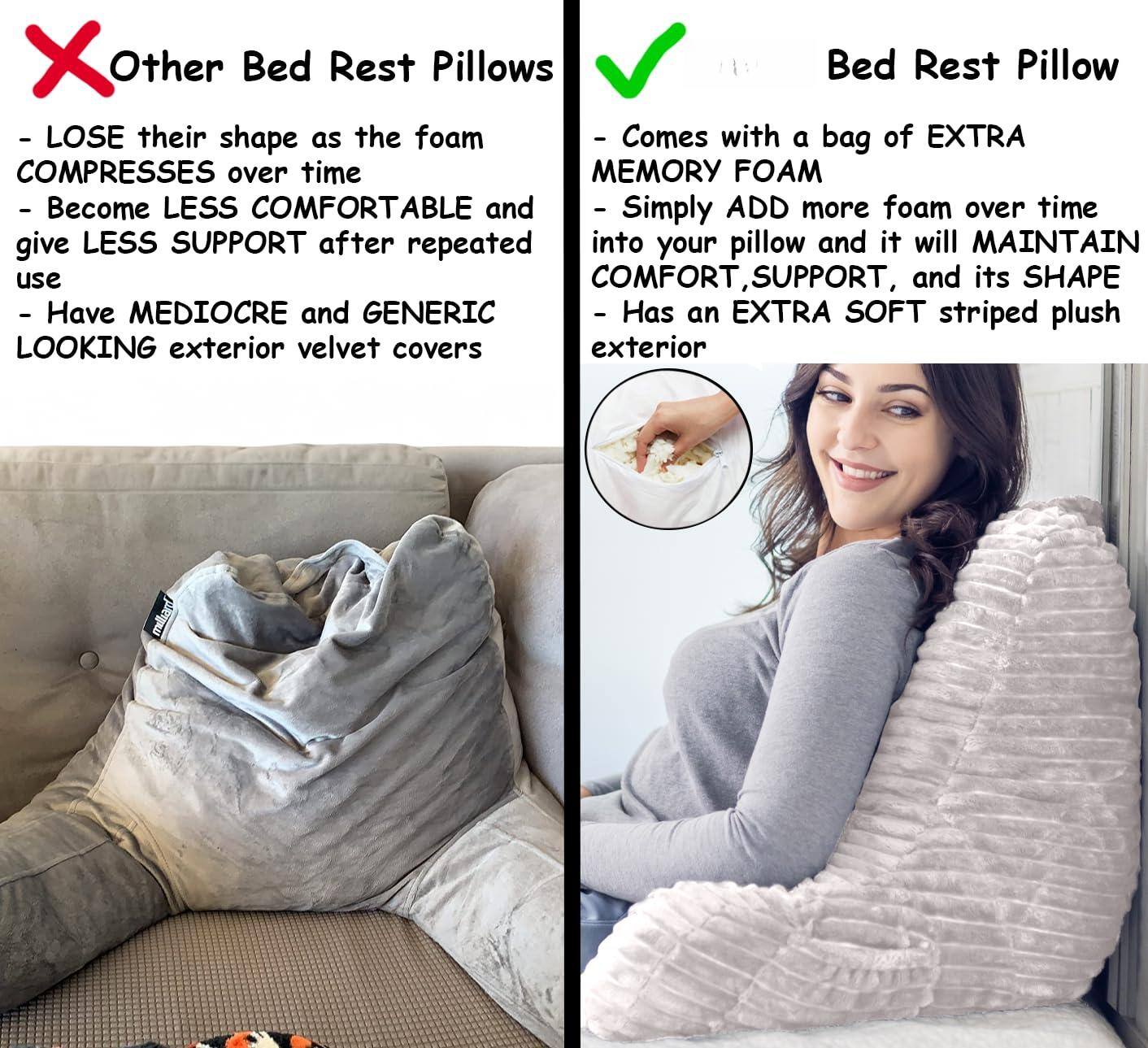 **Other Bed Rest Pillows:**
- Lose their shape as the foam compresses over time
- Become less comfortable and give less support after repeated use
- Have mediocre and generic looking exterior velvet covers

**Bed Rest Pillow:**
- Comes with a bag of extra memory foam
- Simply add more foam over time into your pillow and it will maintain comfort, support, and its shape
- Has an extra soft striped plush exterior