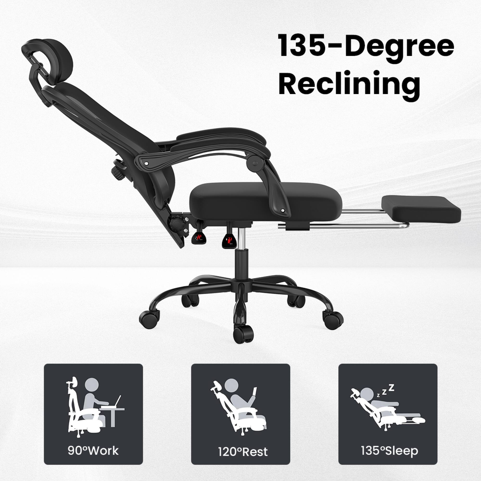135-Degree Reclining

90° Work

120° Rest

135° Sleep