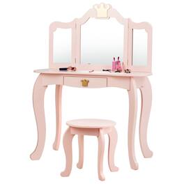 Costway - Kids Makeup Dressing Table Chair Set Princess Vanity & Tri-folding Mirror - Pink