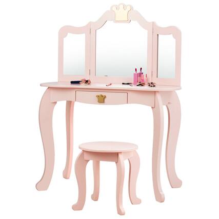 Front. Costway - Costway Kids Makeup Dressing Table Chair Set Princess Vanity & Tri-folding Mirror - Pink.