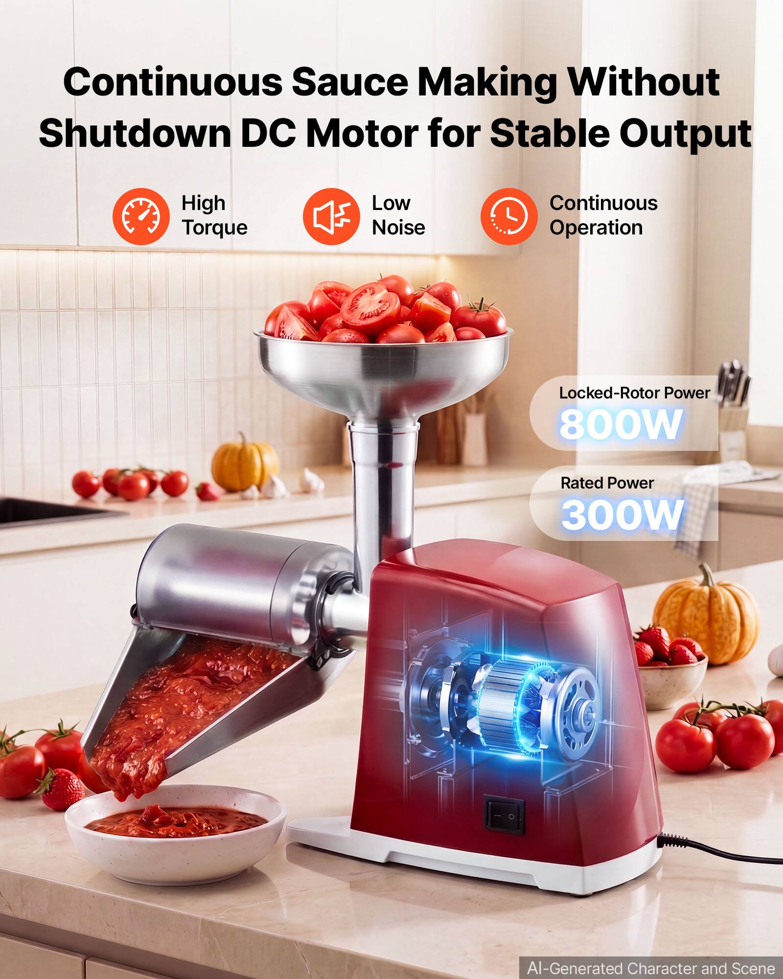 Continuous Sauce Making Without Shutdown DC Motor for Stable Output

- High Torque
- Low Noise
- Continuous Operation

Locked-Rotor Power: 800W
Rated Power: 300W

AI-Generated Character and Scene